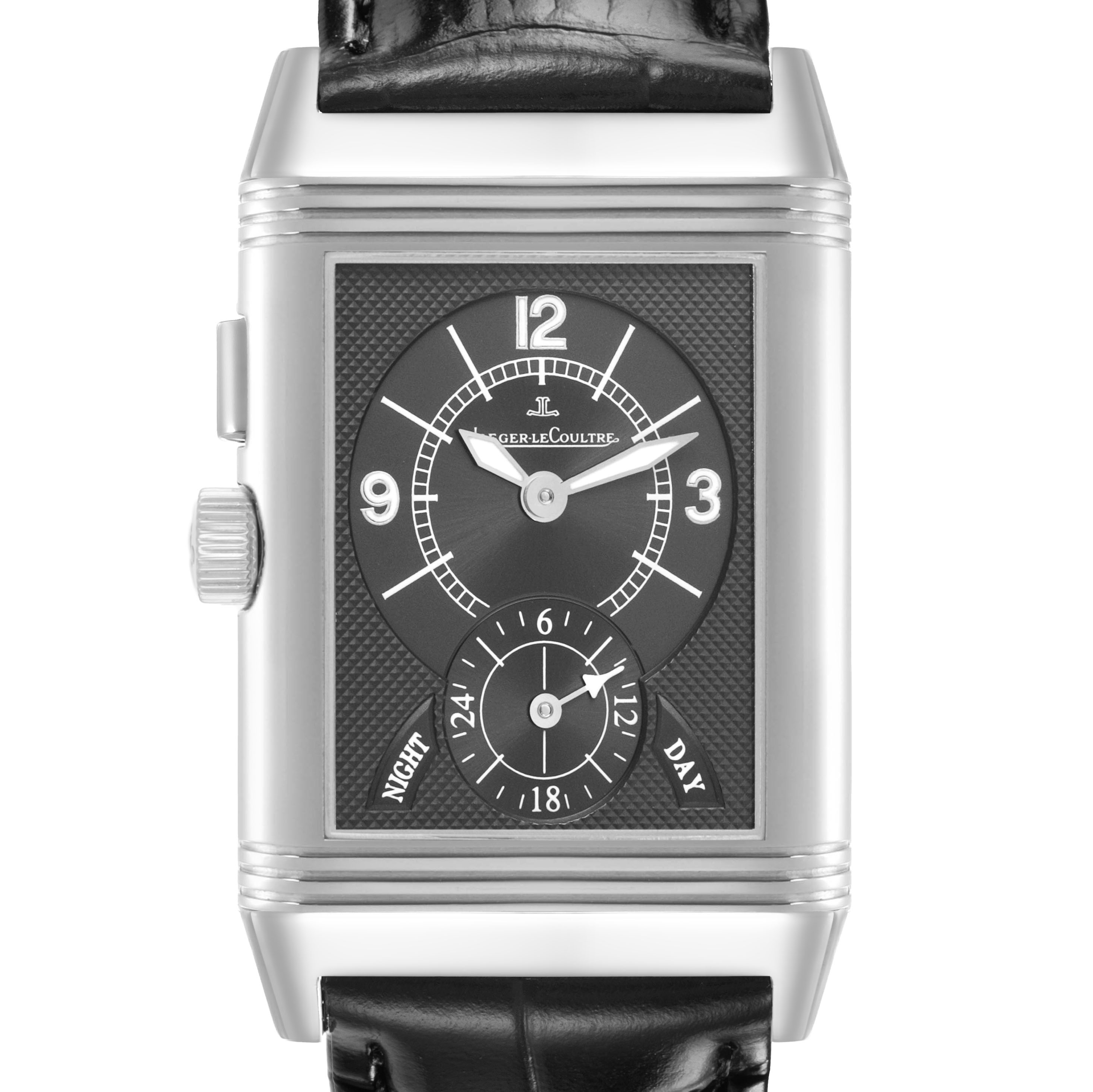 The Jaeger-LeCoultre Reverso watch is shown from the front, displaying the dial with two time zones and a leather strap.