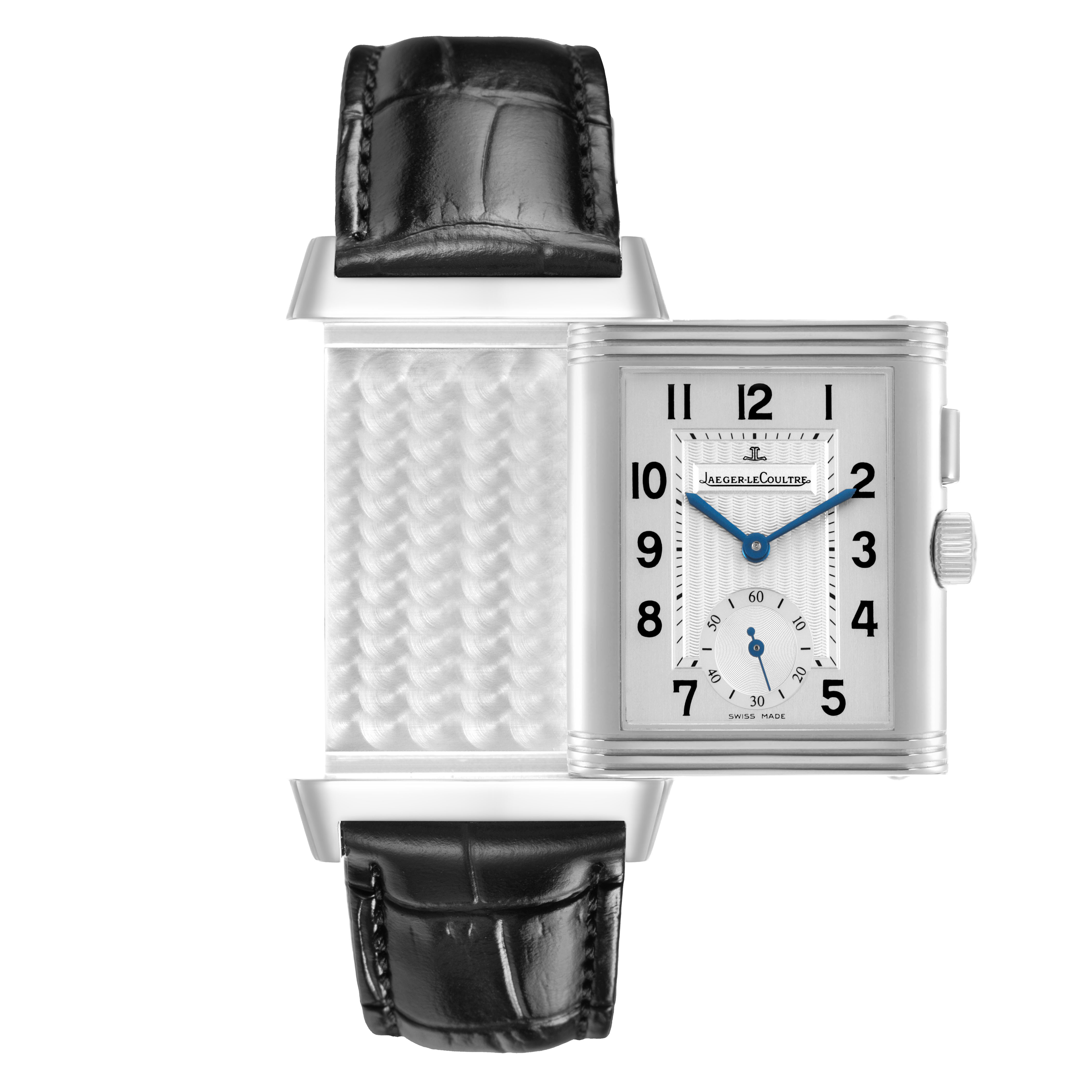 The Jaeger-LeCoultre Reverso watch is shown with the face displayed and the reverse side exposed, highlighting its rotating mechanism.