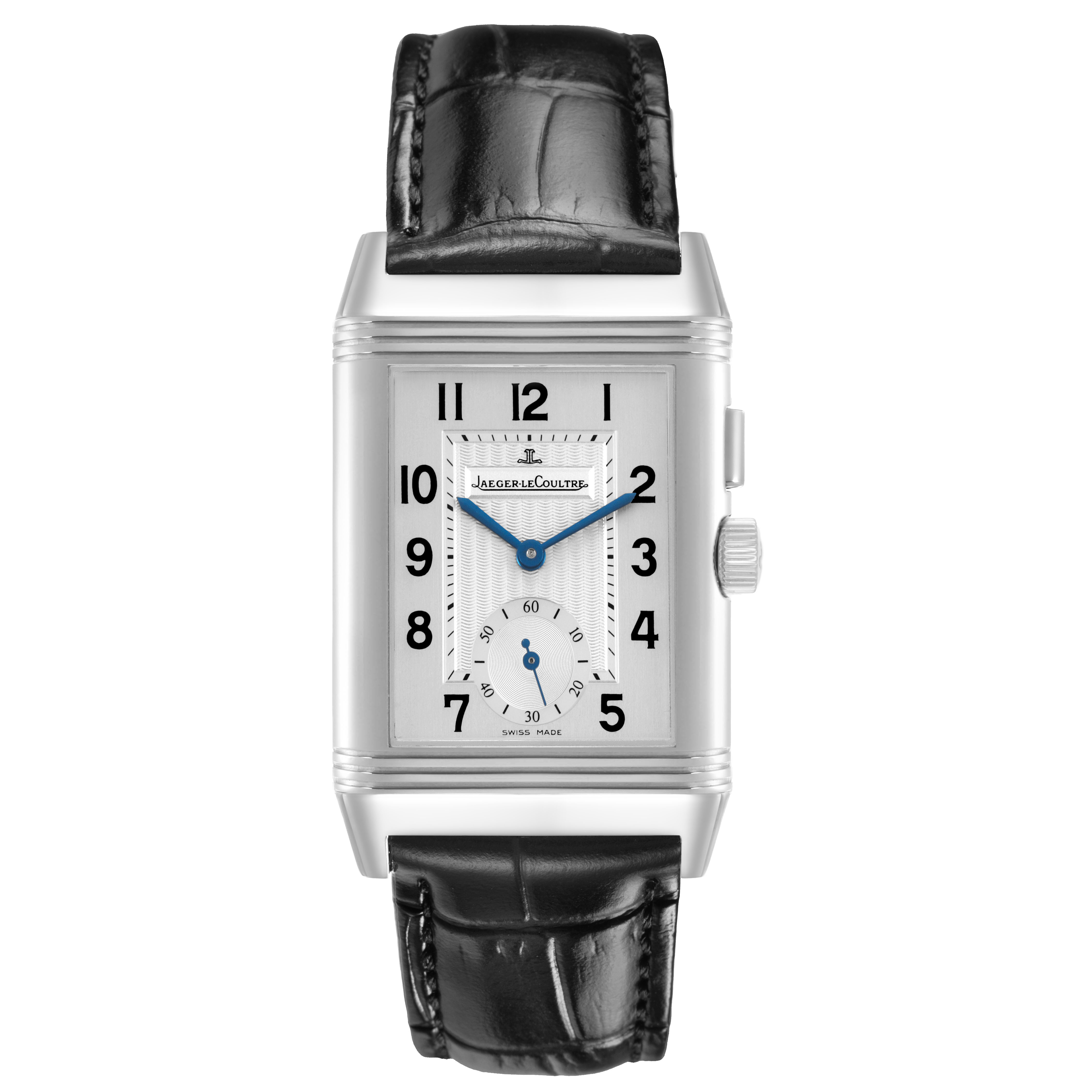 The image shows a front view of the Jaeger LeCoultre Reverso Q2718410 Men's Stainless Steel Silver Dial watch, displaying the dial, case, and leather strap.