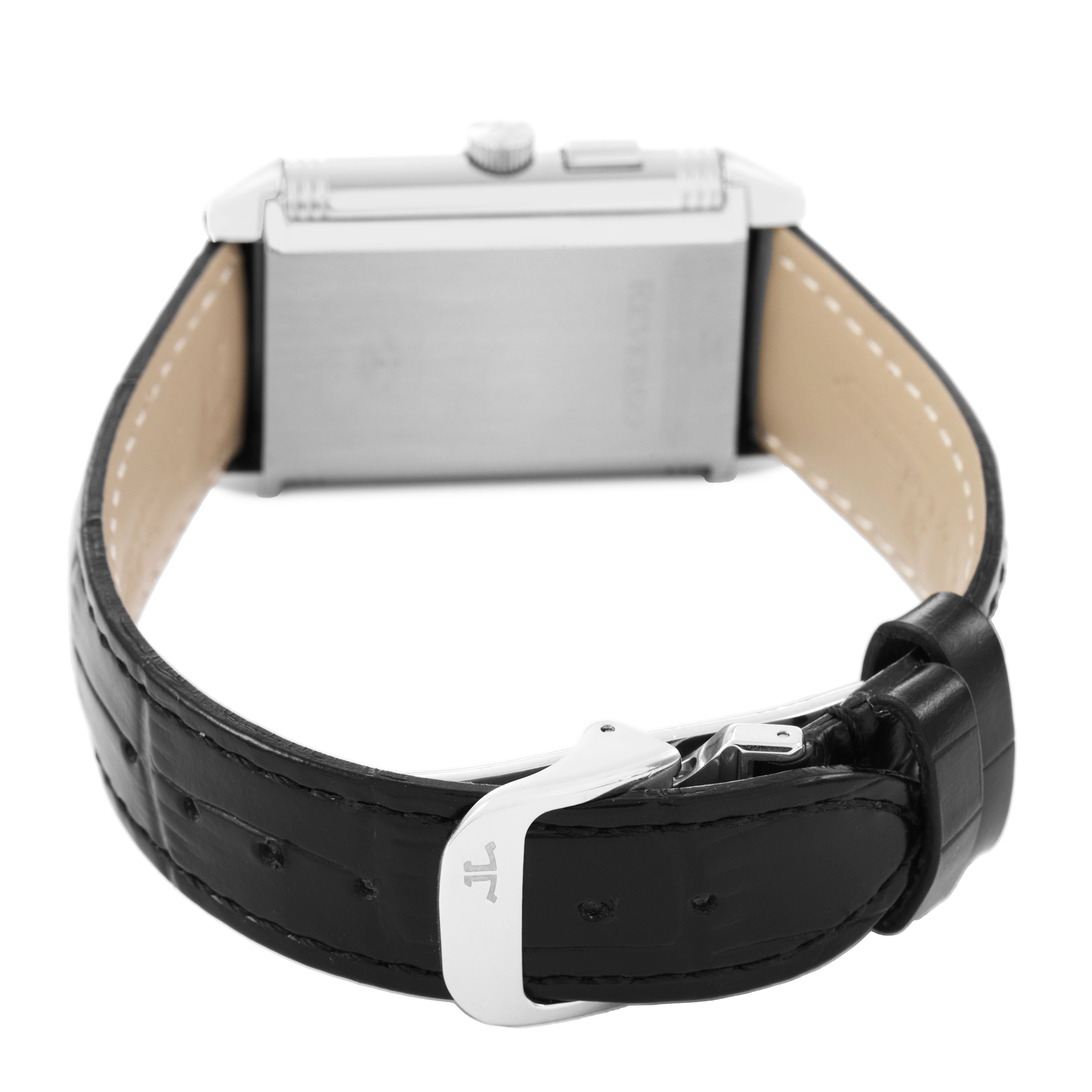 The image shows the back of the Jaeger LeCoultre Reverso Q2718410 Men's Stainless Steel Silver Dial watch, highlighting its strap and clasp from the rear angle.