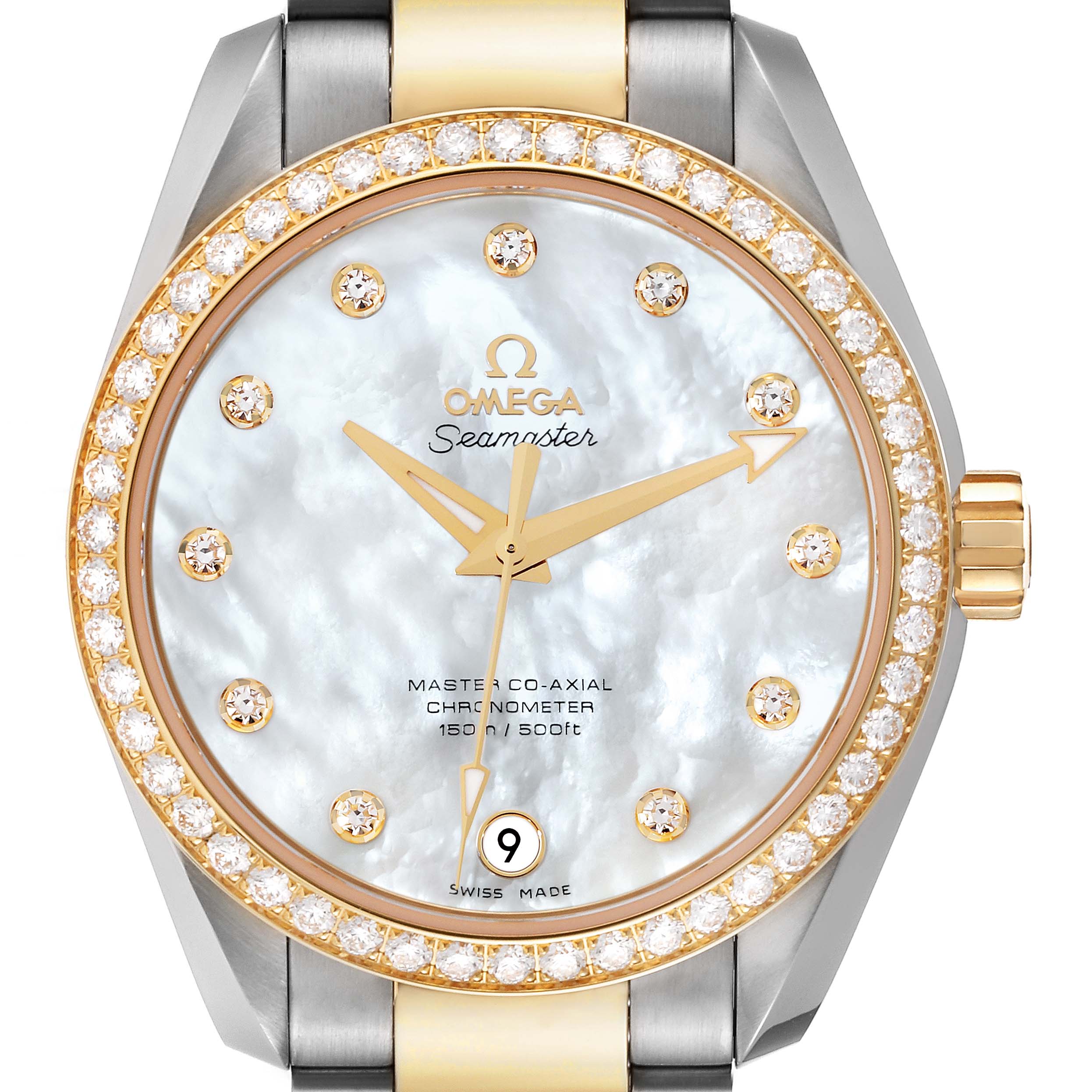 This image shows a frontal view of the Omega 231.25.39.21.55.002 Women
s Stainless Steel Mother of Pearl Dial 231.25.39.21.55.002 Women
s Stainless Steel Mother of Pearl Dial Aqua Terra Steel Yellow Gold Diamond Watch 231.25.39.21.55.002, highlighting its dial and bezel.