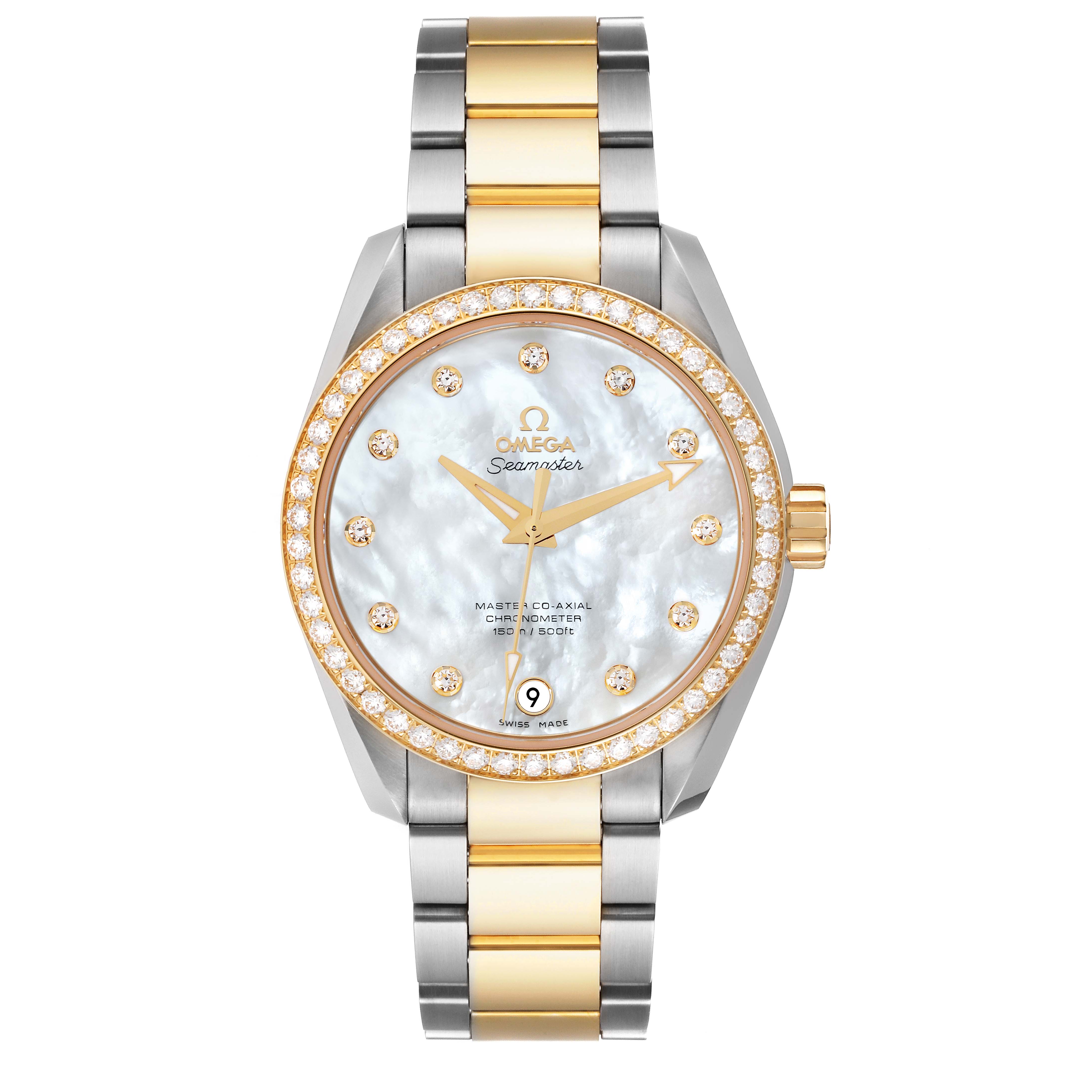 The image shows a frontal view of the Omega 231.25.39.21.55.002 Women
s Stainless Steel Mother of Pearl Dial 231.25.39.21.55.002 Women
s Stainless Steel Mother of Pearl Dial Aqua Terra Steel Yellow Gold Diamond Watch 231.25.39.21.55.002.