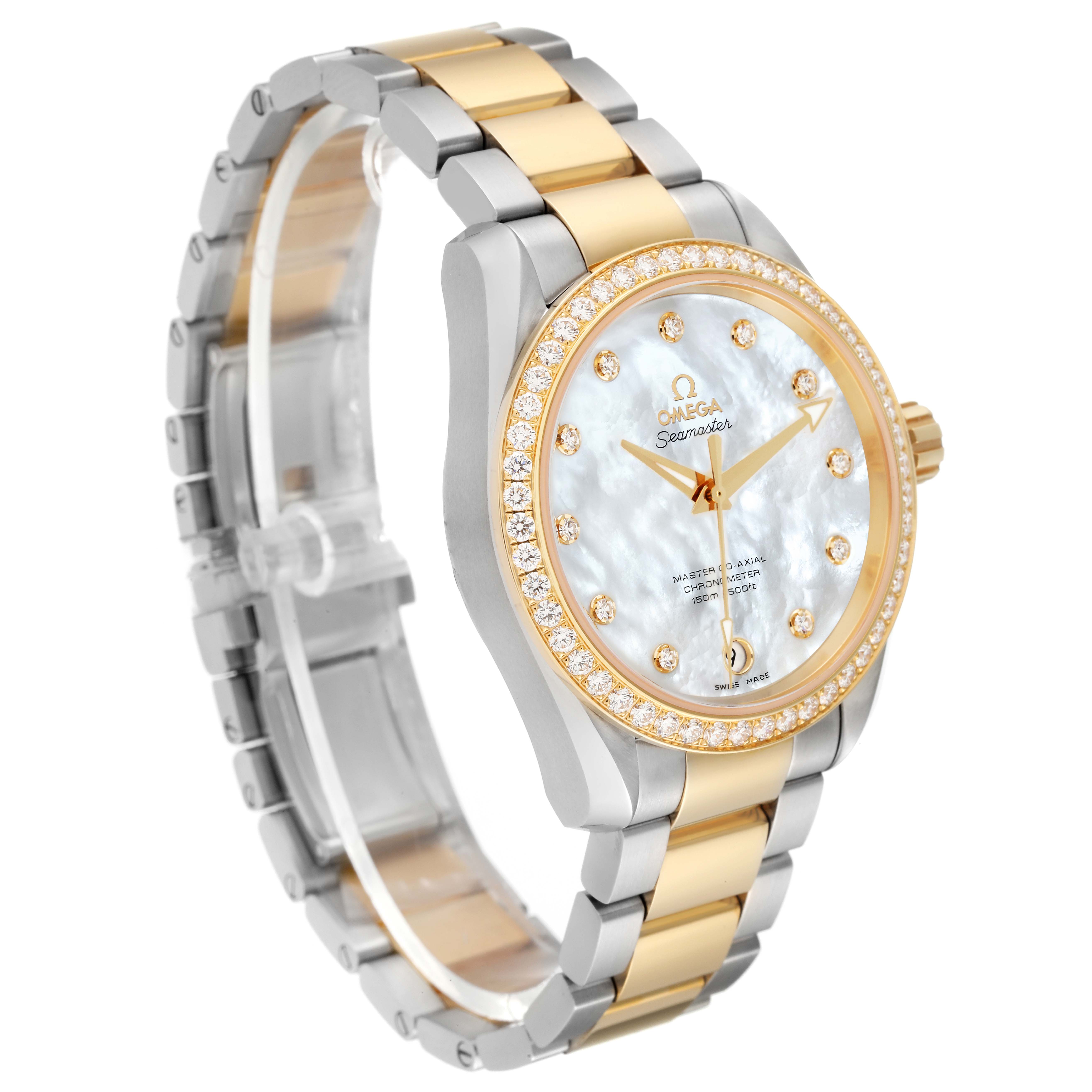 The Omega 231.25.39.21.55.002 Women
s Stainless Steel Mother of Pearl Dial 231.25.39.21.55.002 Women
s Stainless Steel Mother of Pearl Dial Aqua Terra Steel Yellow Gold Diamond Watch 231.25.39.21.55.002 is shown at a front-side angle.