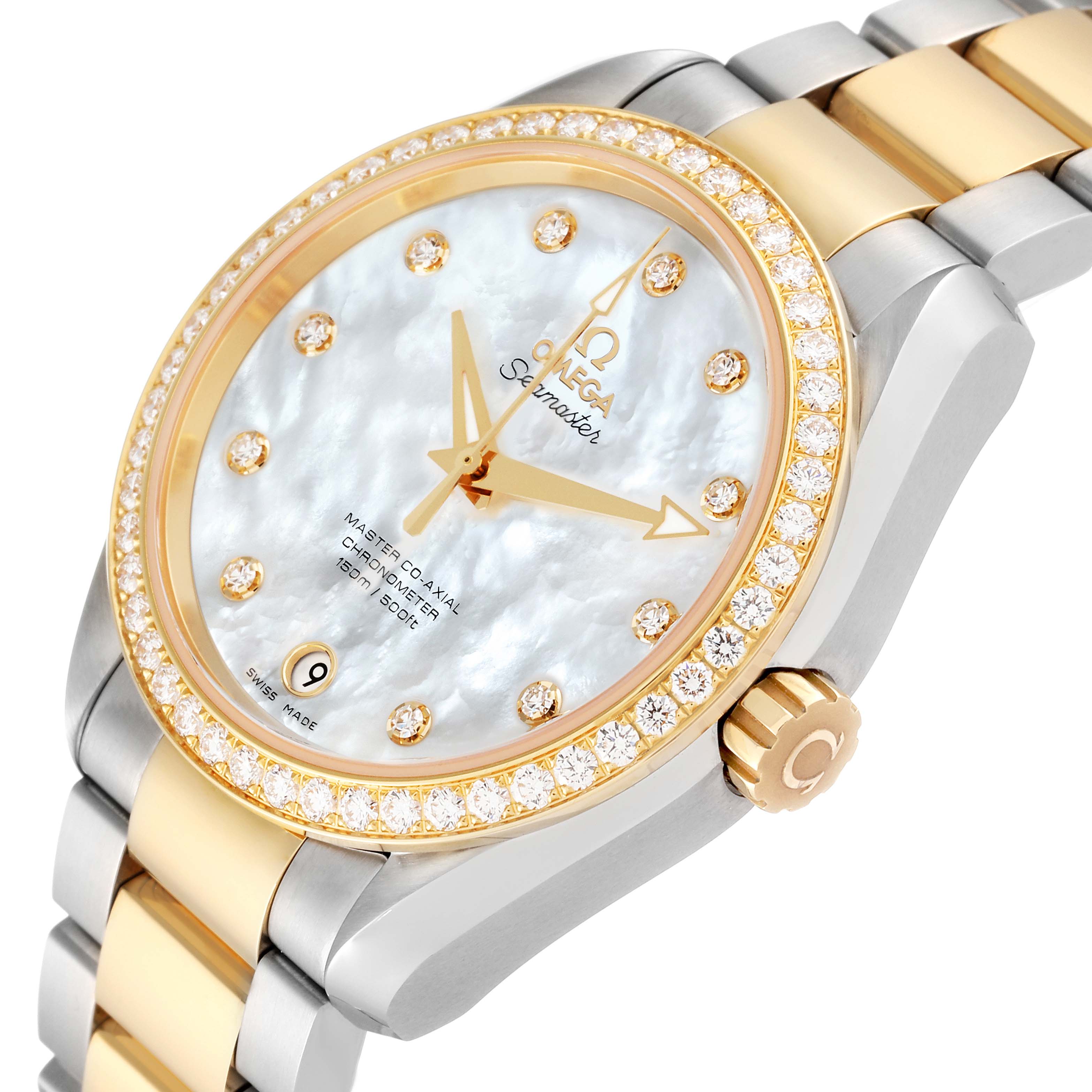 The image shows an Omega 231.25.39.21.55.002 Women
s Stainless Steel Mother of Pearl Dial 231.25.39.21.55.002 Women
s Stainless Steel Mother of Pearl Dial Aqua Terra Steel Yellow Gold Diamond Watch 231.25.39.21.55.002 from an oblique angle, highlighting the dial, bezel, and bracelet.