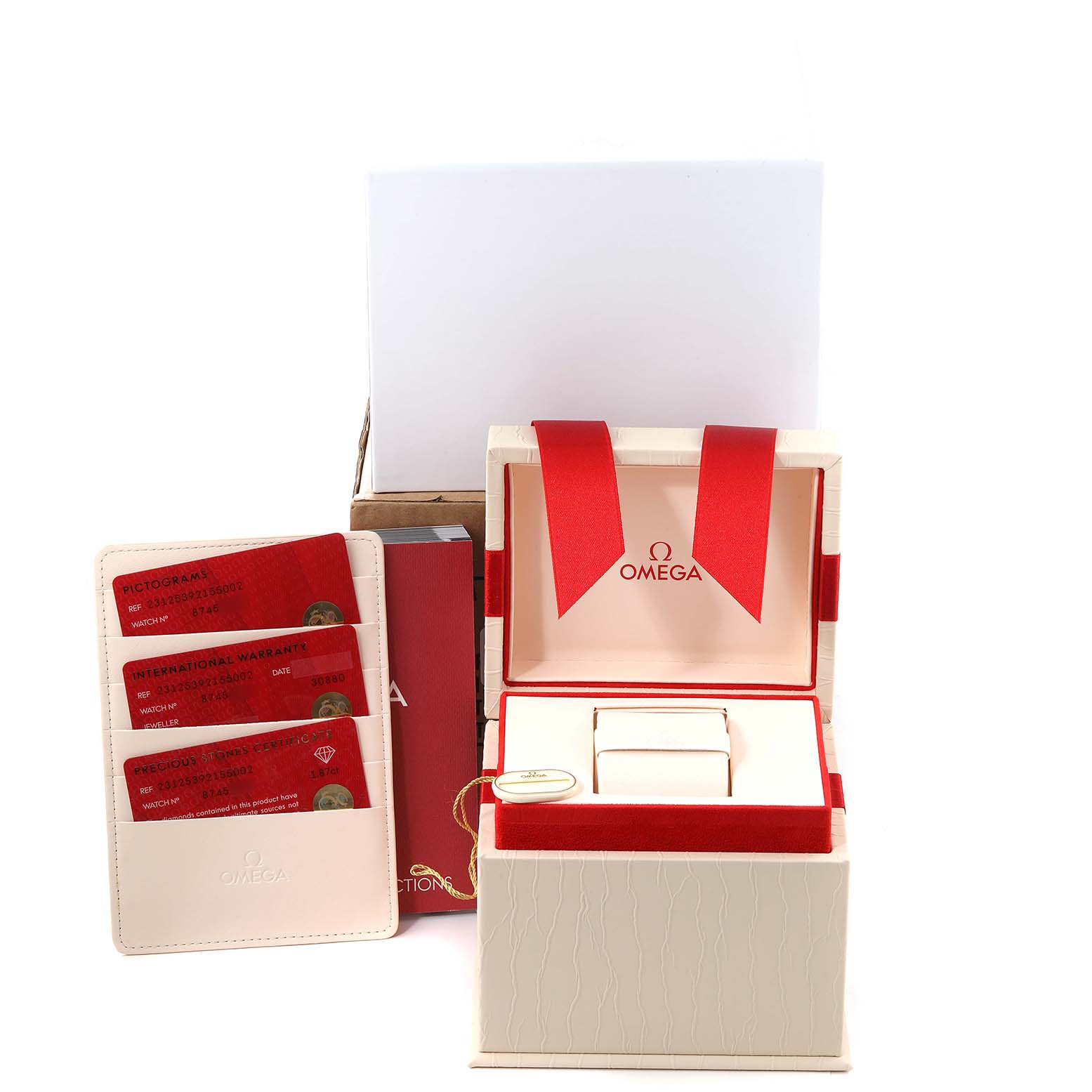 The image shows the packaging and documentation of the Omega 231.25.39.21.55.002 Women
s Stainless Steel Mother of Pearl Dial 231.25.39.21.55.002 Women
s Stainless Steel Mother of Pearl Dial Aqua Terra Steel Yellow Gold Diamond Watch 231.25.39.21.55.002 Unworn model.