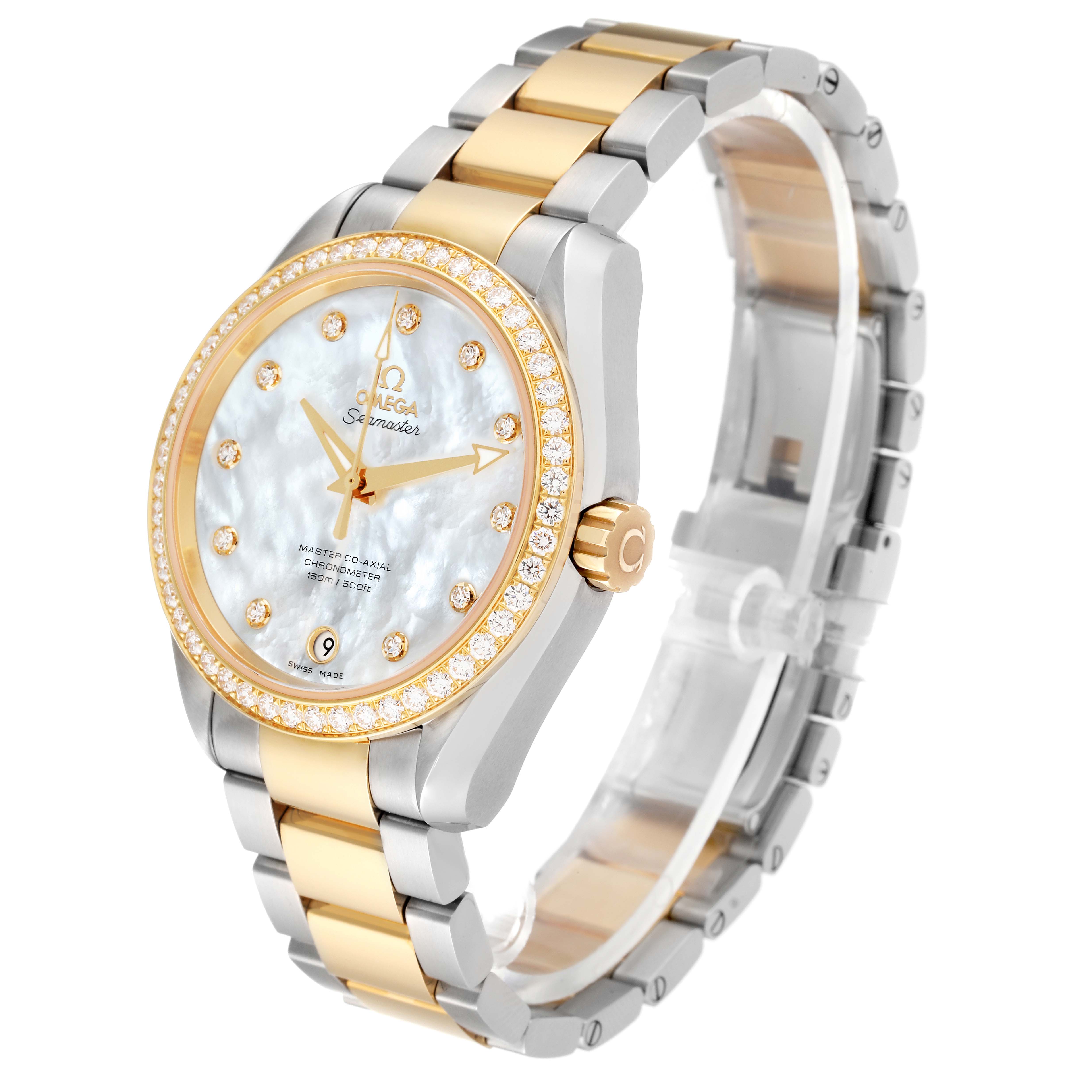 The Omega 231.25.39.21.55.002 Women
s Stainless Steel Mother of Pearl Dial 231.25.39.21.55.002 Women
s Stainless Steel Mother of Pearl Dial Aqua Terra Steel Yellow Gold Diamond Watch 231.25.39.21.55.002 is shown at a three-quarter angle, displaying the face, bracelet, and clasp.
