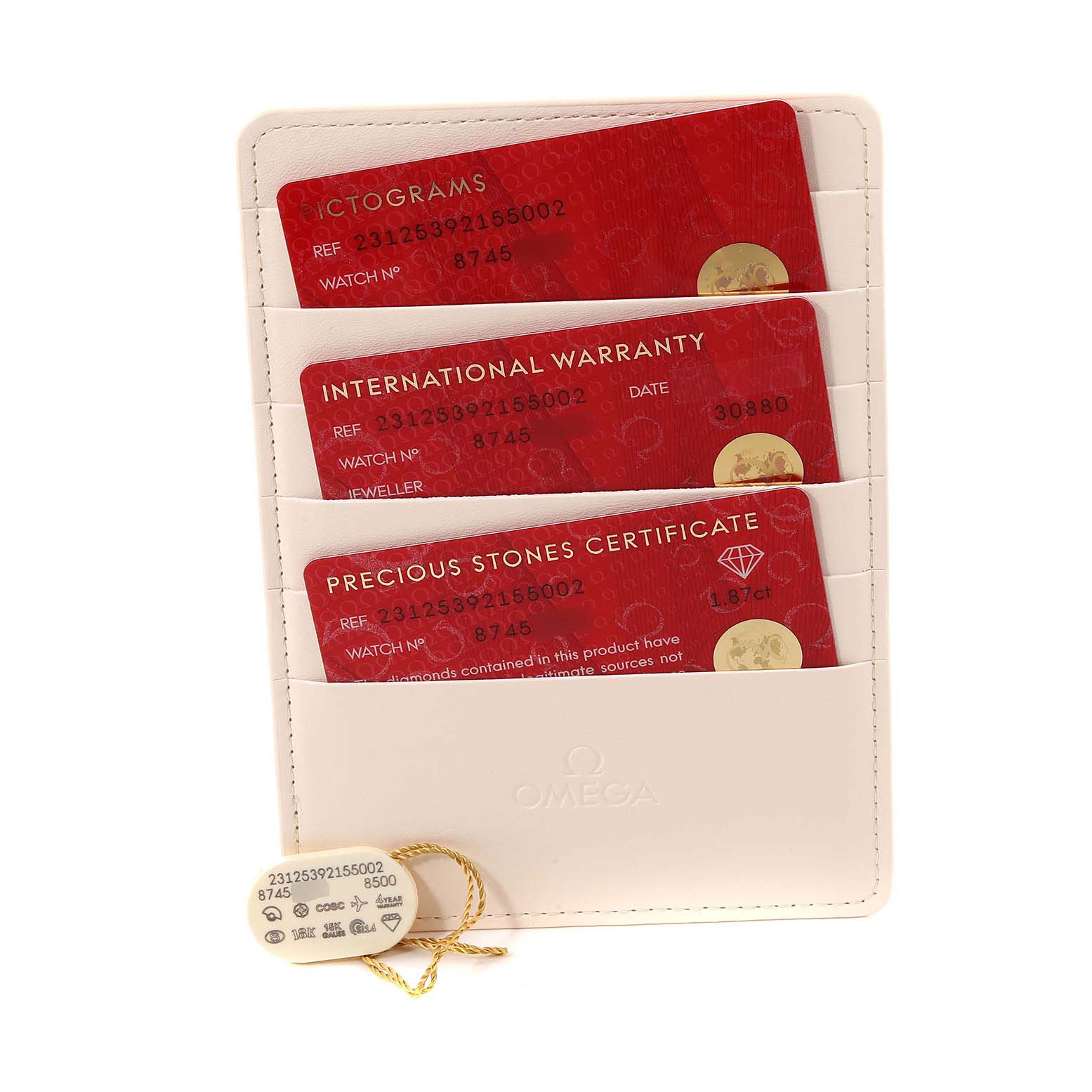 The image shows warranty and certification cards in a white holder for the Omega 231.25.39.21.55.002 Women
s Stainless Steel Mother of Pearl Dial 231.25.39.21.55.002 Women
s Stainless Steel Mother of Pearl Dial Aqua Terra Steel Yellow Gold Diamond Watch 231.25.39.21.55.002 Unworn model.