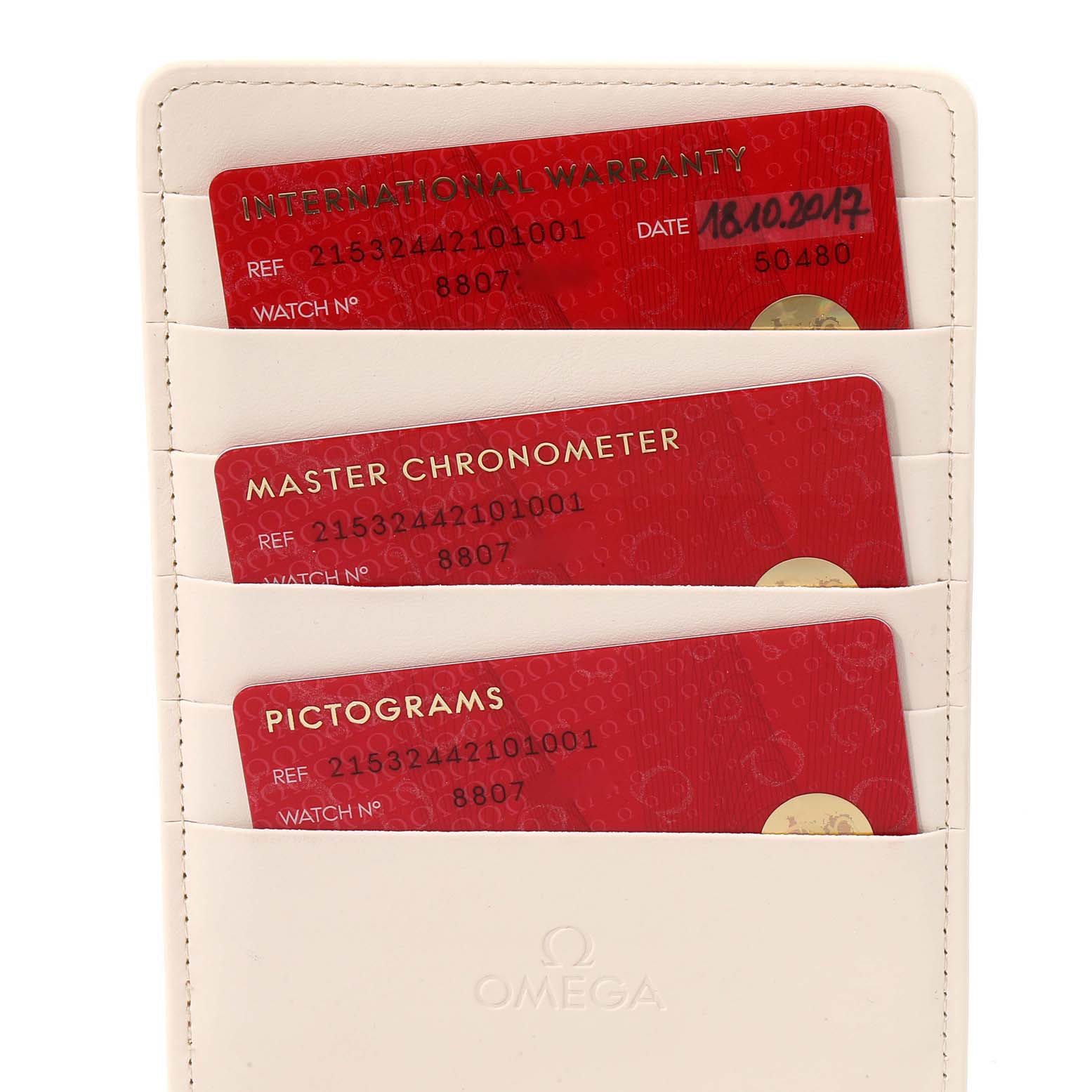 The image shows three Omega Planet Ocean 215.32.44.21.01.001 Men's Stainless Steel Black Dial 215.32.44.21.01.001 Men's Stainless Steel Black Dial watch cards: International Warranty, Master Chronometer, and Pictograms, in a white holder.