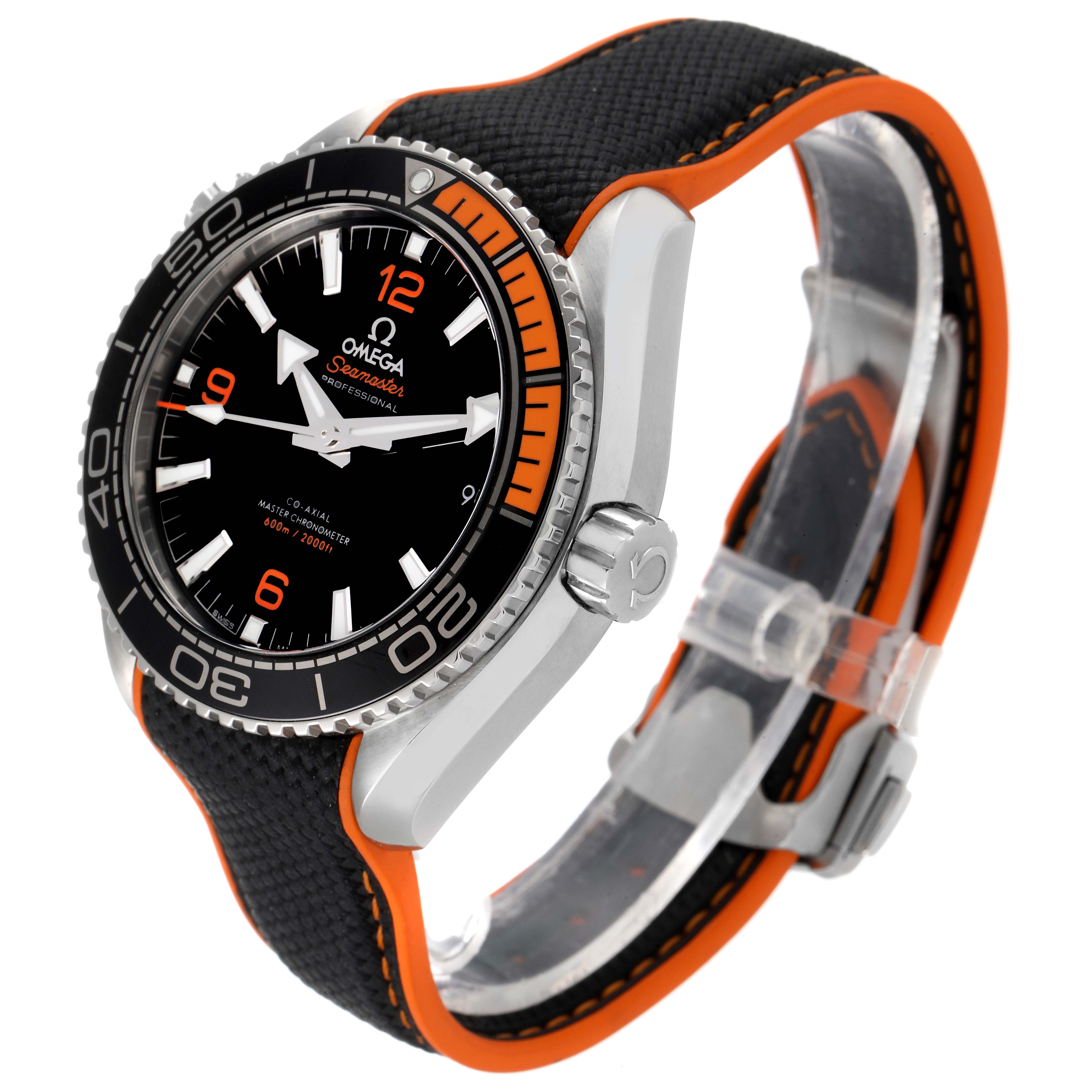 The image shows a side angle of the Omega Planet Ocean 215.32.44.21.01.001 Men's Stainless Steel Black Dial 215.32.44.21.01.001 Men's Stainless Steel Black Dial watch, featuring its bezel, crown, and strap with orange accents.