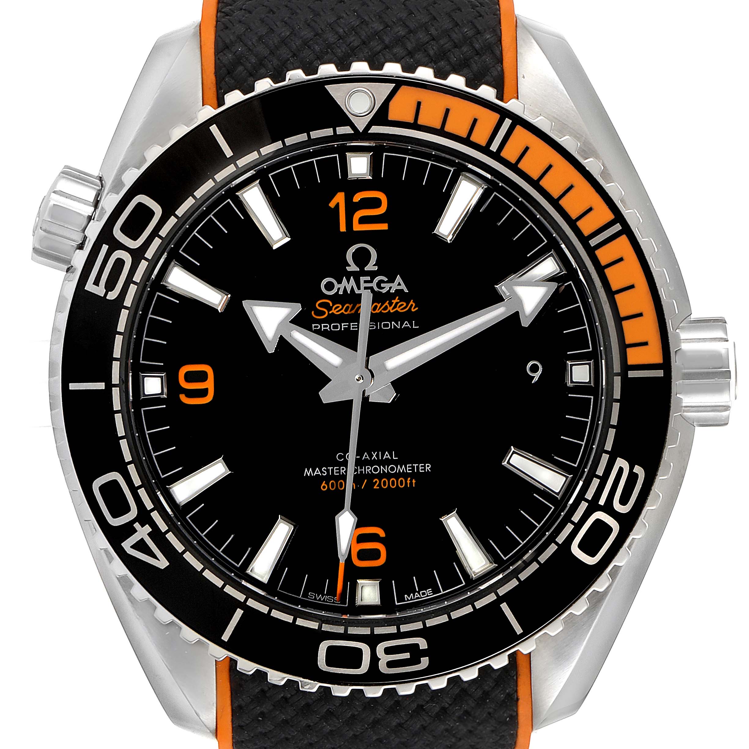 This image shows the front view of an Omega Planet Ocean 215.32.44.21.01.001 Men's Stainless Steel Black Dial 215.32.44.21.01.001 Men's Stainless Steel Black Dial model watch, highlighting the dial, bezel, and strap.