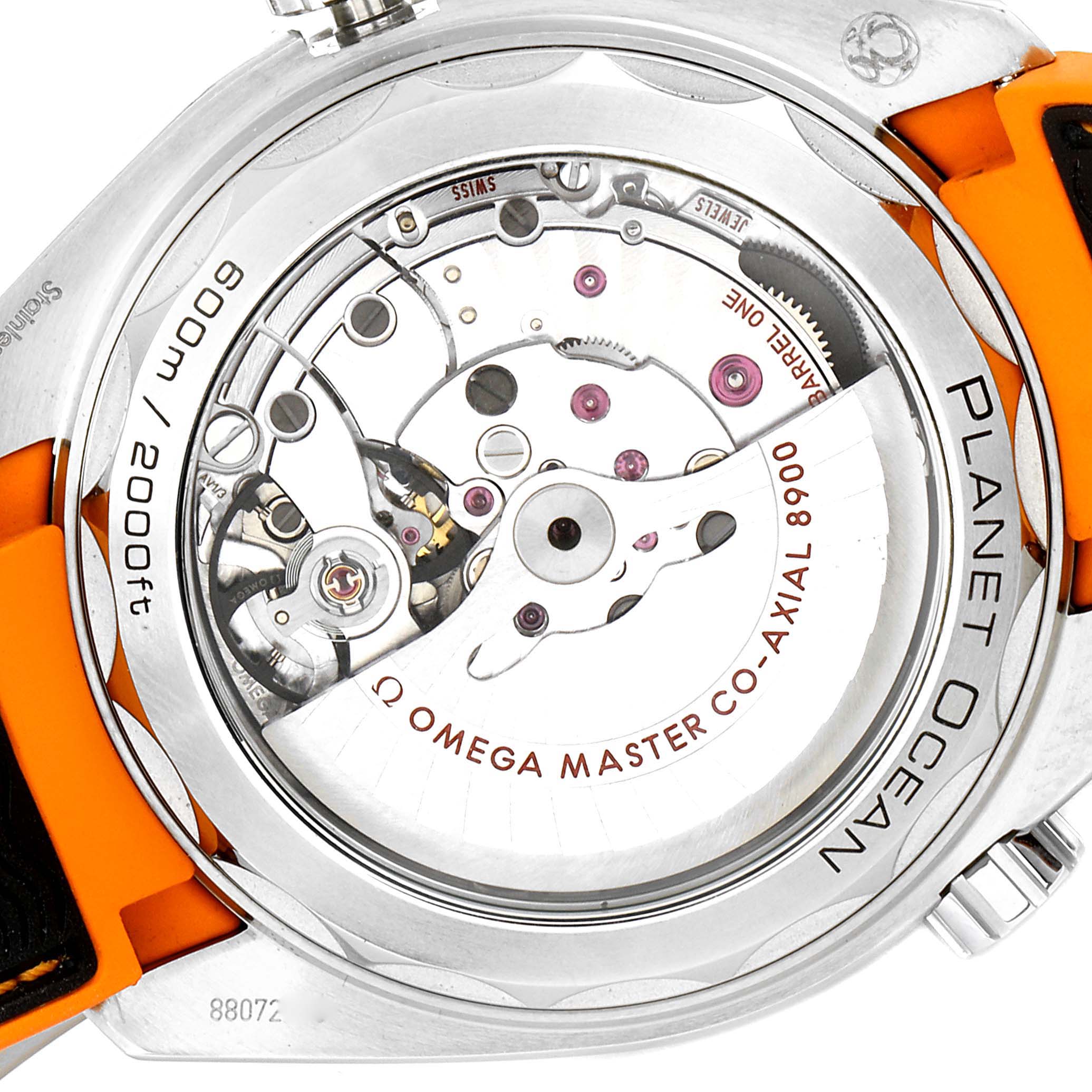 The image shows the back view of the Omega Planet Ocean 215.32.44.21.01.001 Men's Stainless Steel Black Dial 215.32.44.21.01.001 Men's Stainless Steel Black Dial watch, highlighting the movement and internal mechanics.