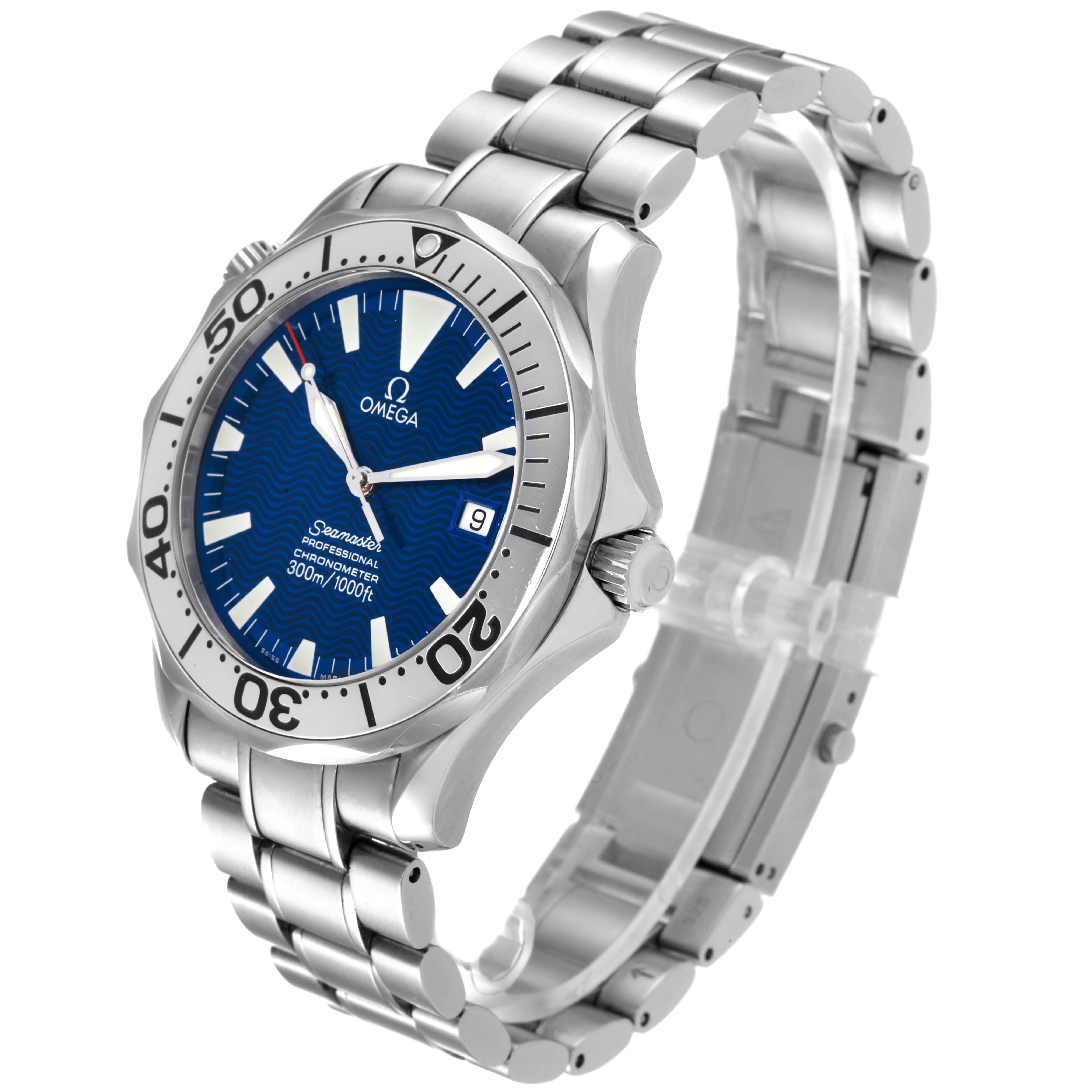 The image shows an Omega Seamaster 2255.80.00 Men's Stainless Steel Blue Dial 2255.80.00 Men's Stainless Steel Blue Dial watch from an angled view, displaying the face, bezel, and metal bracelet.