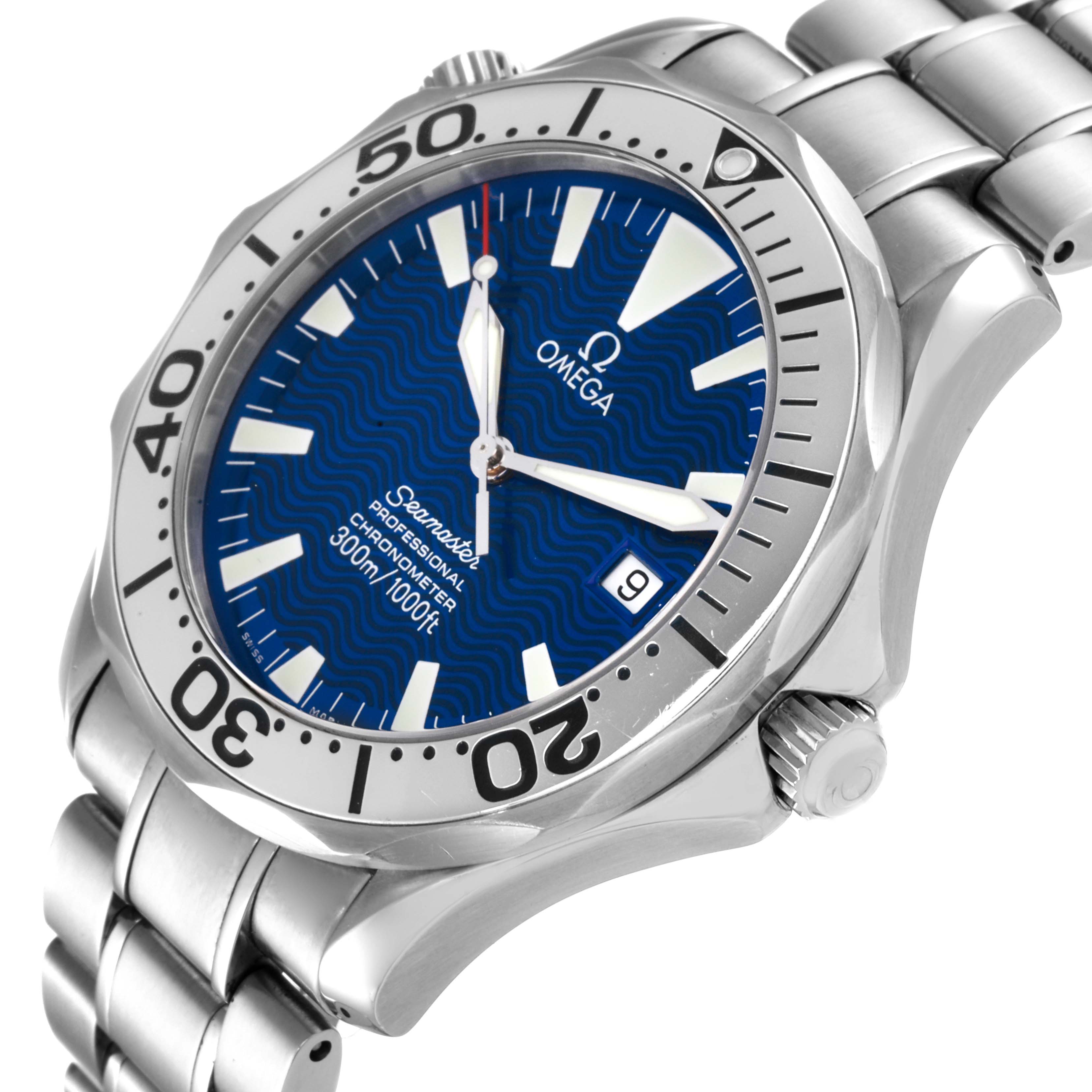 The image shows an angled view of an Omega Seamaster 2255.80.00 Men's Stainless Steel Blue Dial 2255.80.00 Men's Stainless Steel Blue Dial watch, highlighting its blue dial, bezel, crown, and part of the bracelet.