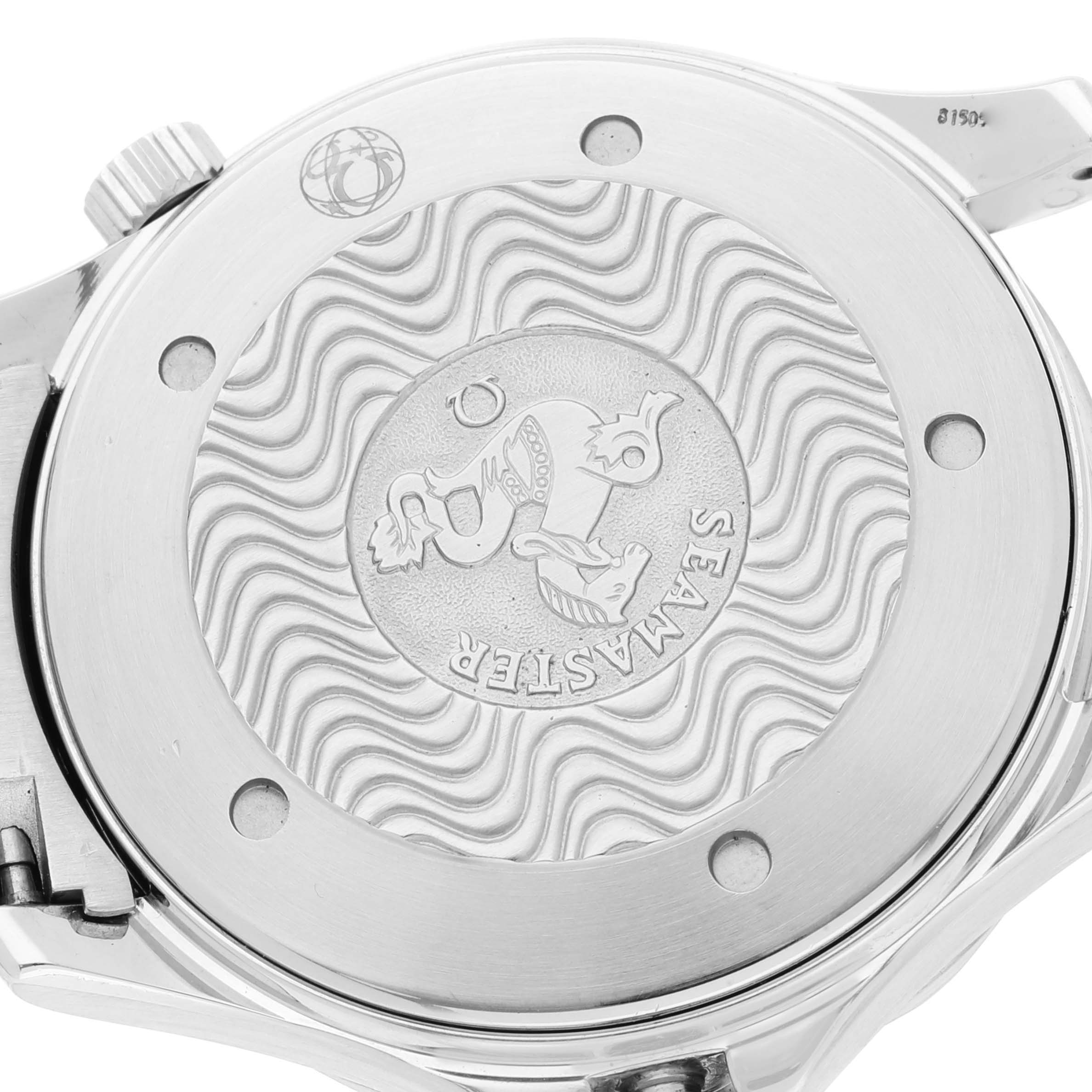 The image shows the back case of an Omega Seamaster 2255.80.00 Men's Stainless Steel Blue Dial 2255.80.00 Men's Stainless Steel Blue Dial watch, featuring the Seamaster logo and design engravings.