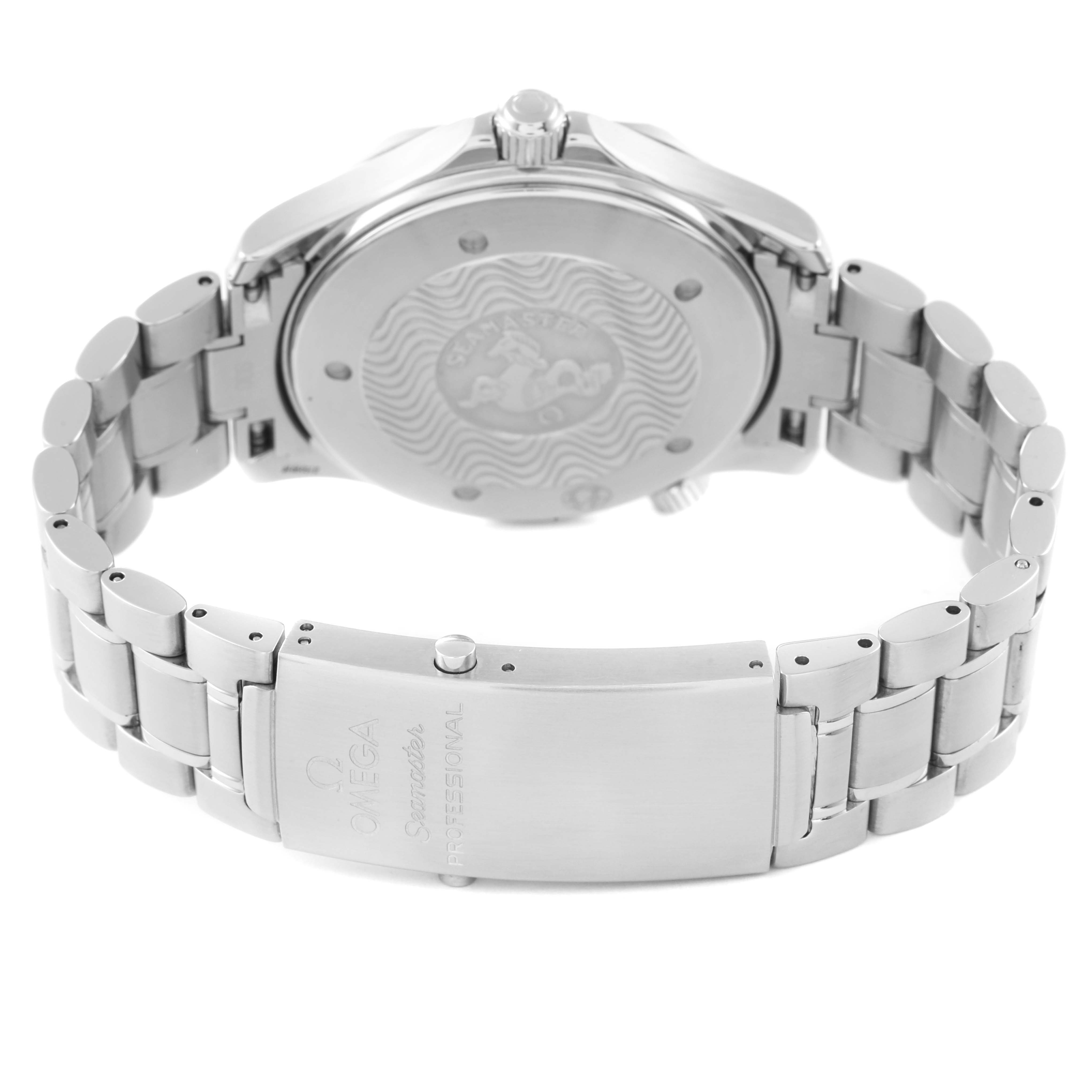 The image shows the back view of an Omega Seamaster 2255.80.00 Men's Stainless Steel Blue Dial 2255.80.00 Men's Stainless Steel Blue Dial watch, highlighting its case back and stainless steel bracelet with clasp.