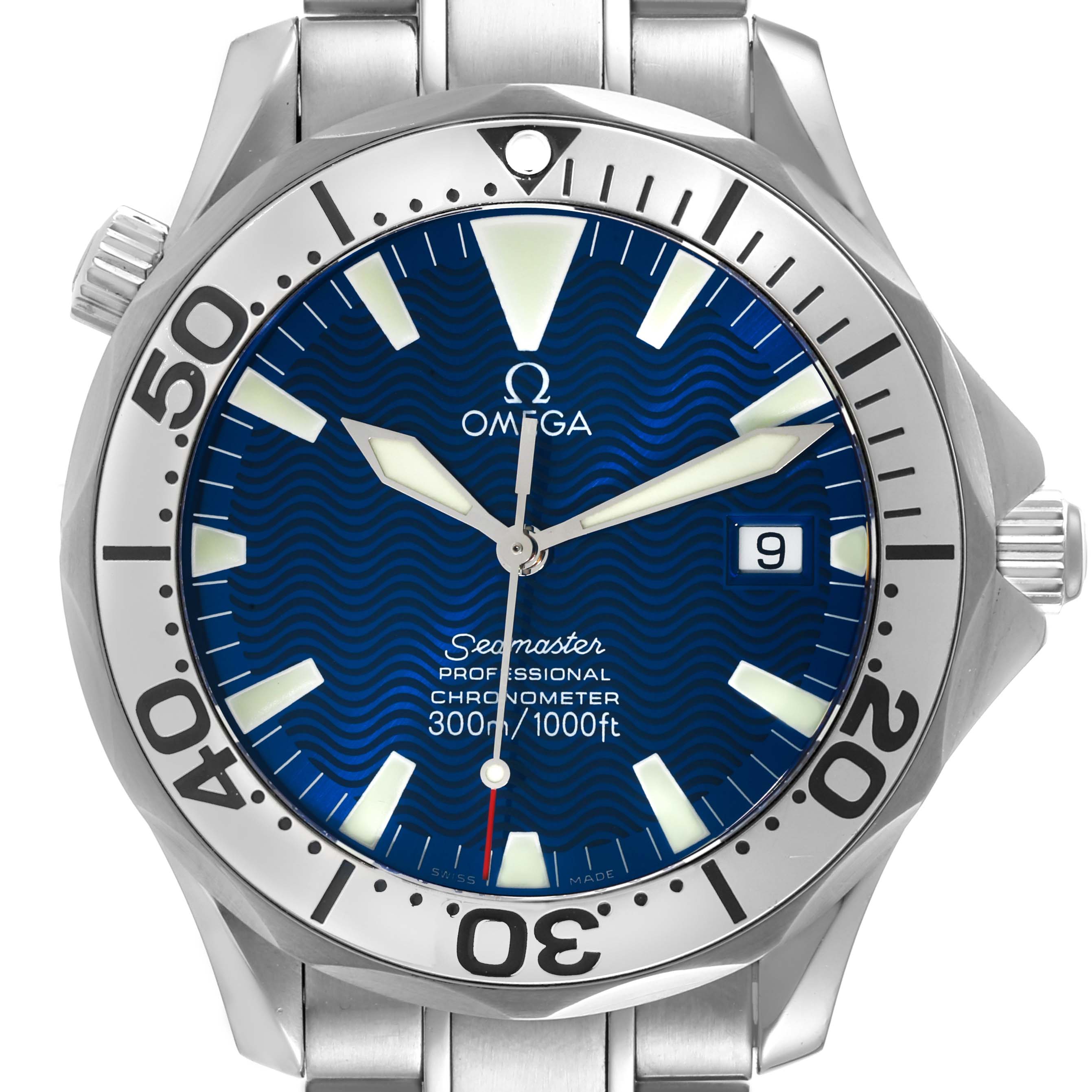 This image shows a front view of the Omega Seamaster 2255.80.00 Men's Stainless Steel Blue Dial 2255.80.00 Men's Stainless Steel Blue Dial watch, highlighting the bezel, face, and part of the metal band.