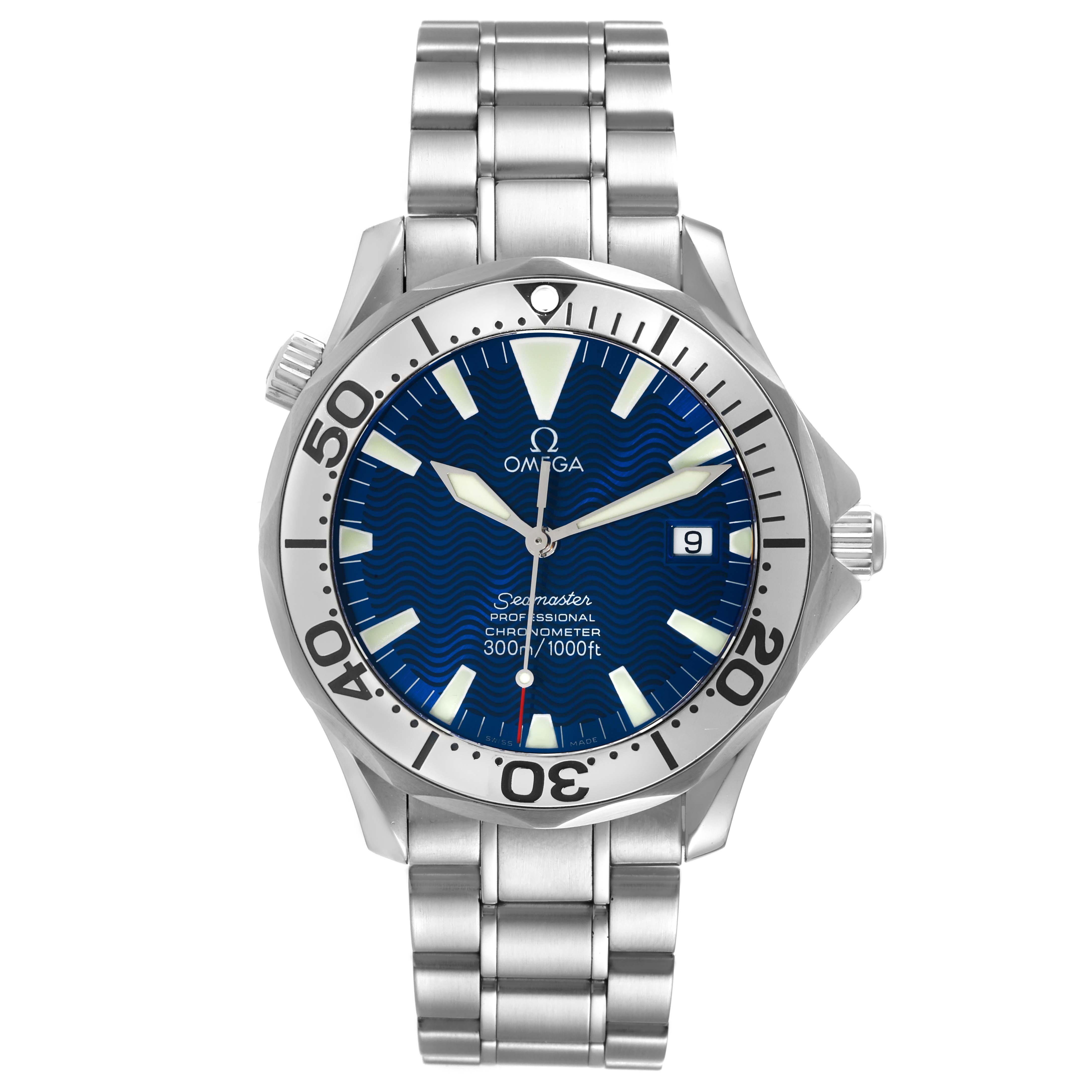 The image shows a front view of an Omega Seamaster 2255.80.00 Men's Stainless Steel Blue Dial 2255.80.00 Men's Stainless Steel Blue Dial watch, highlighting the dial, bezel, and metal bracelet.