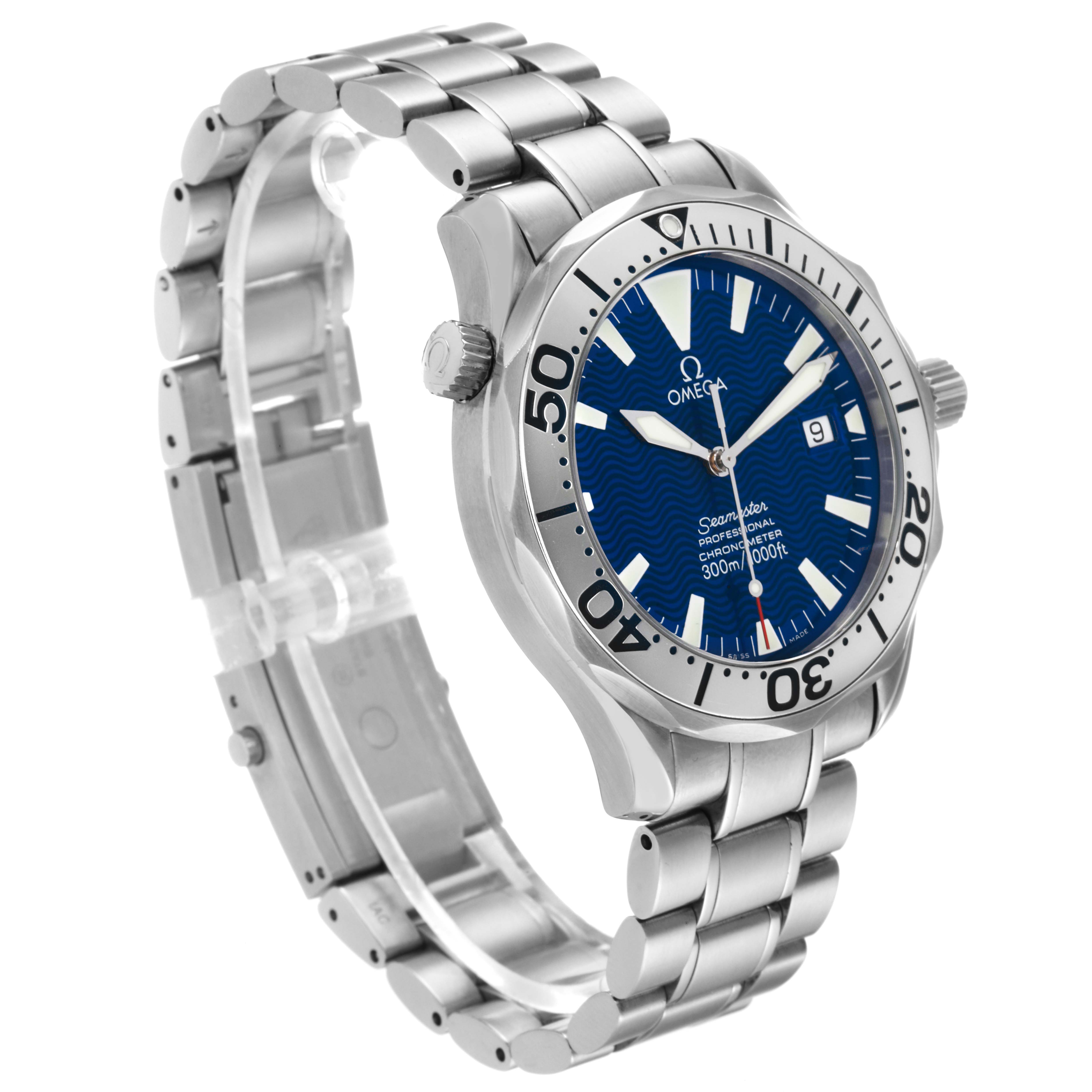 The Omega Seamaster 2255.80.00 Men's Stainless Steel Blue Dial 2255.80.00 Men's Stainless Steel Blue Dial watch is shown at a three-quarter angle, highlighting its blue dial and stainless steel bracelet.