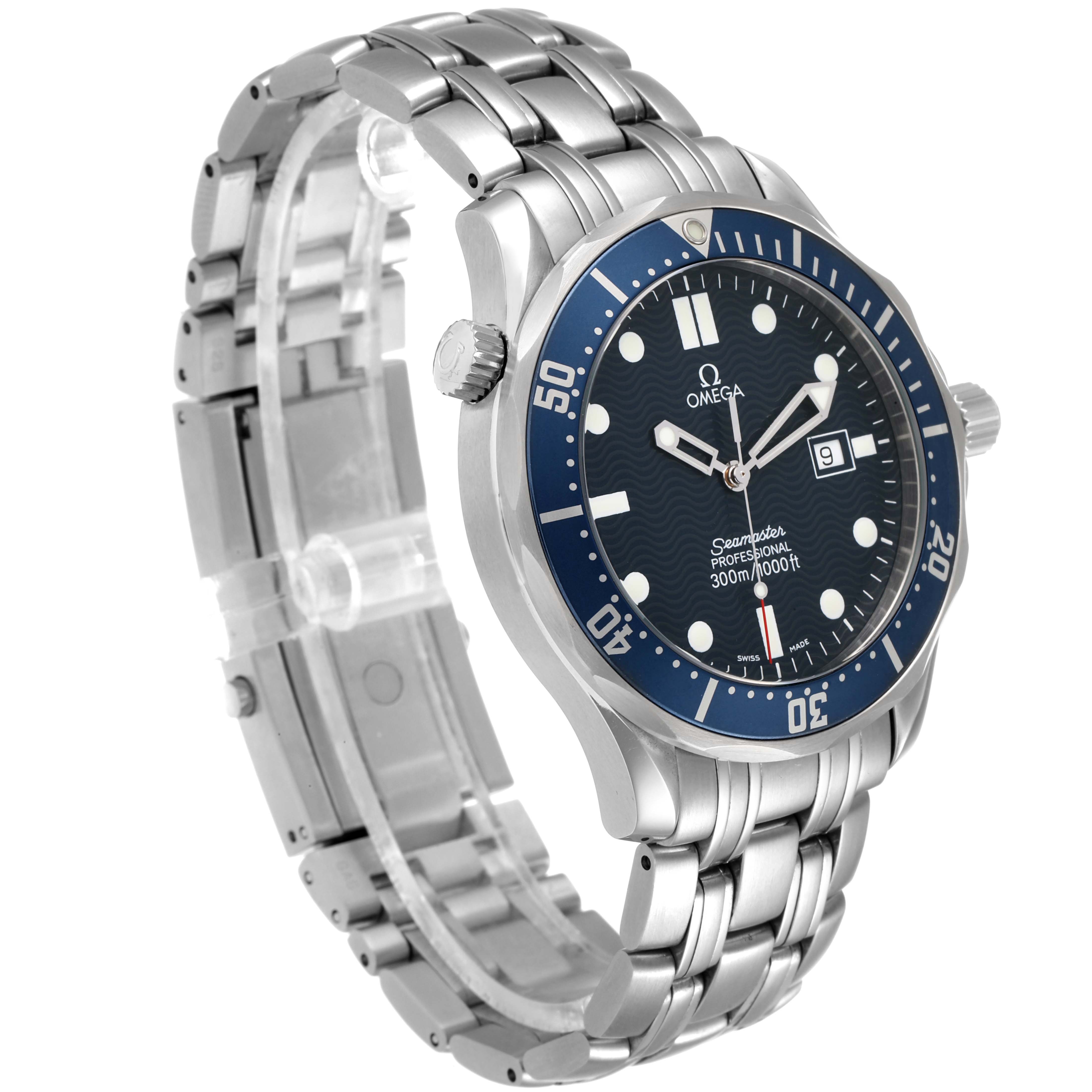 The Omega Seamaster 2541.80.00 Men's Stainless Steel Blue Dial 2541.80.00 Men's Stainless Steel Blue Dial watch is shown at a three-quarter angle, highlighting the face, bezel, crown, and metal bracelet.