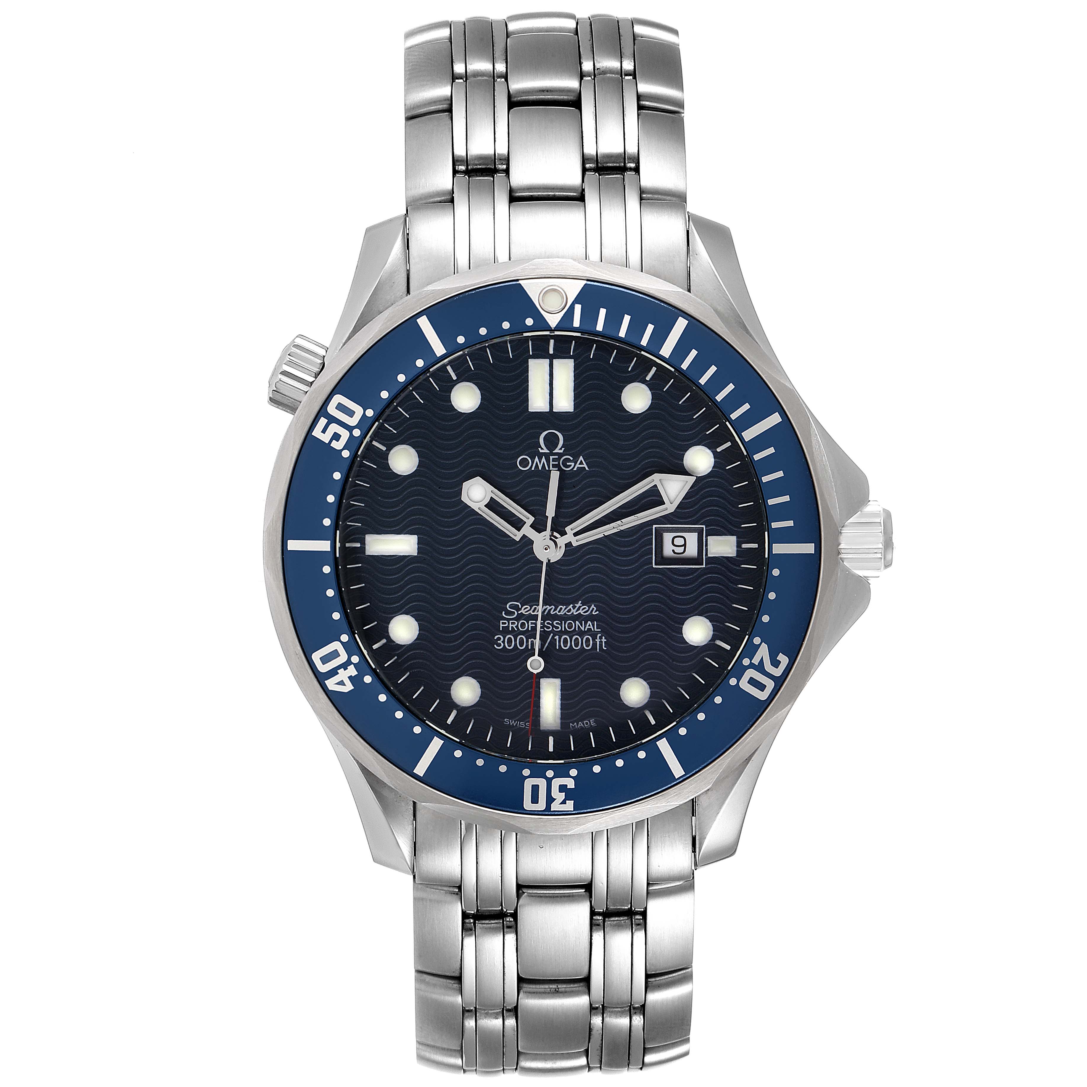 The image shows the front angle of an Omega Seamaster 2541.80.00 Men's Stainless Steel Blue Dial 2541.80.00 Men's Stainless Steel Blue Dial watch, highlighting its dial, bezel, bracelet, and crown.