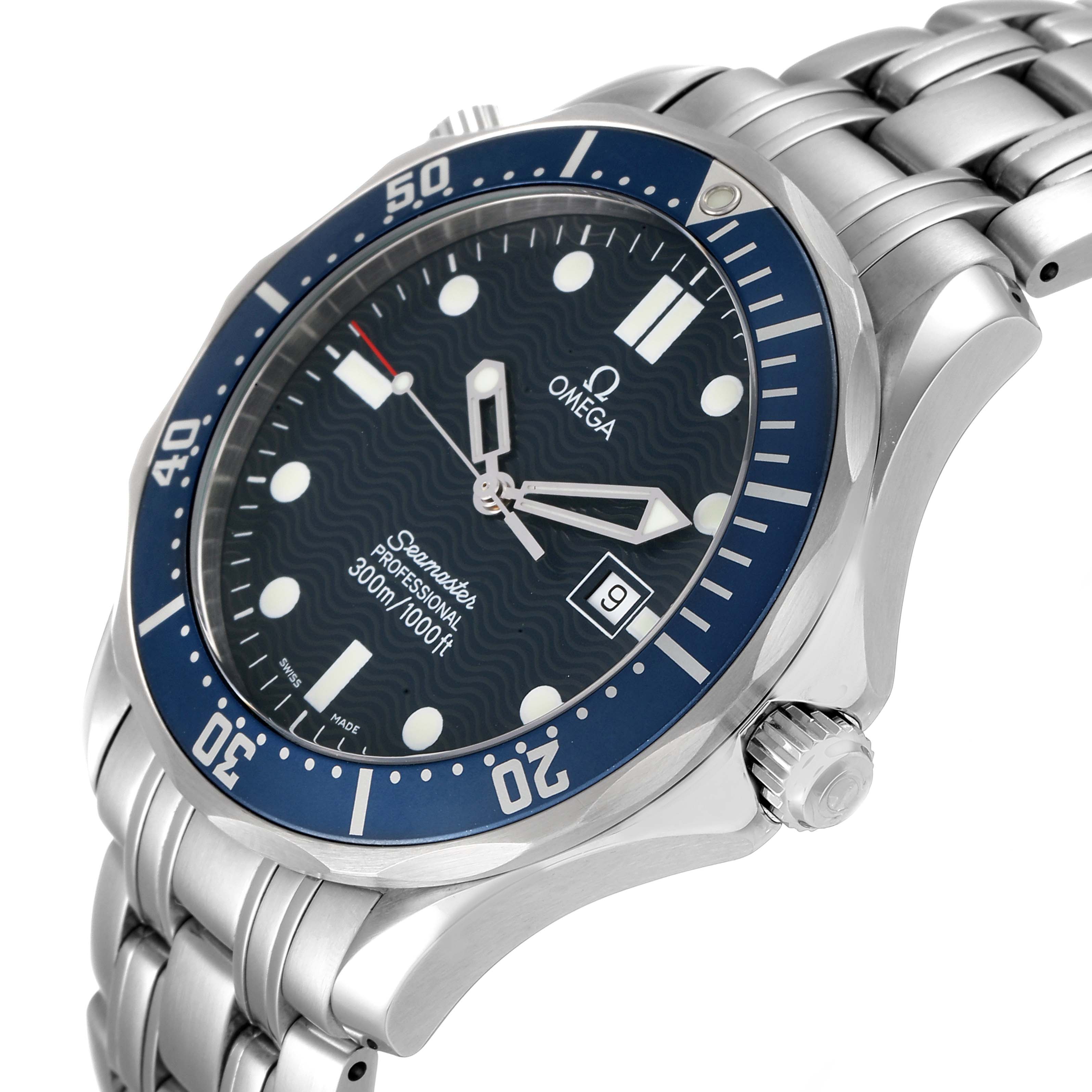 The image shows an angled side view of the Omega Seamaster 2541.80.00 Men's Stainless Steel Blue Dial 2541.80.00 Men's Stainless Steel Blue Dial watch, highlighting the face, bezel, crown, and stainless steel bracelet.