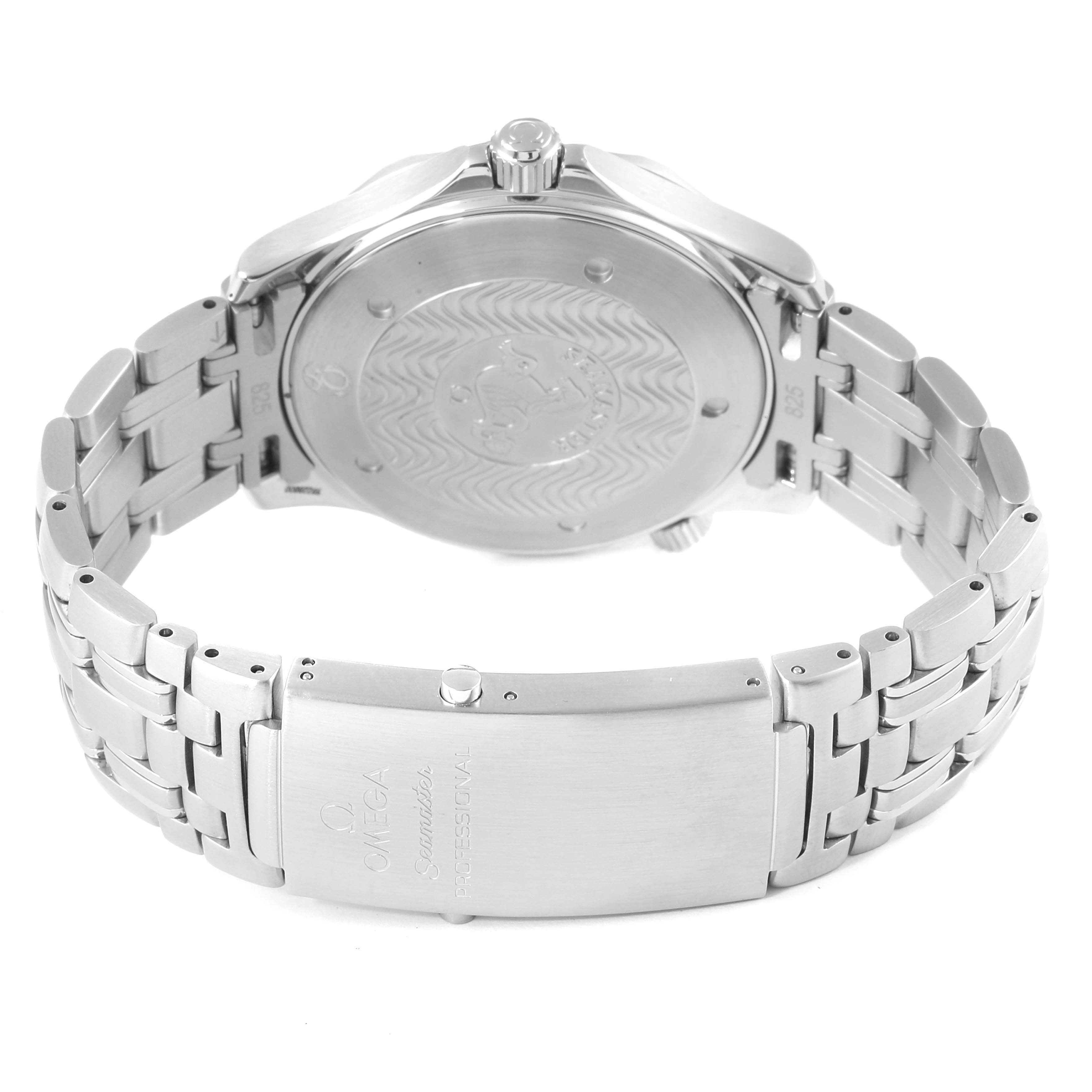 The image shows the back side of an Omega Seamaster 2541.80.00 Men's Stainless Steel Blue Dial 2541.80.00 Men's Stainless Steel Blue Dial watch, highlighting its case back, clasp, and bracelet.