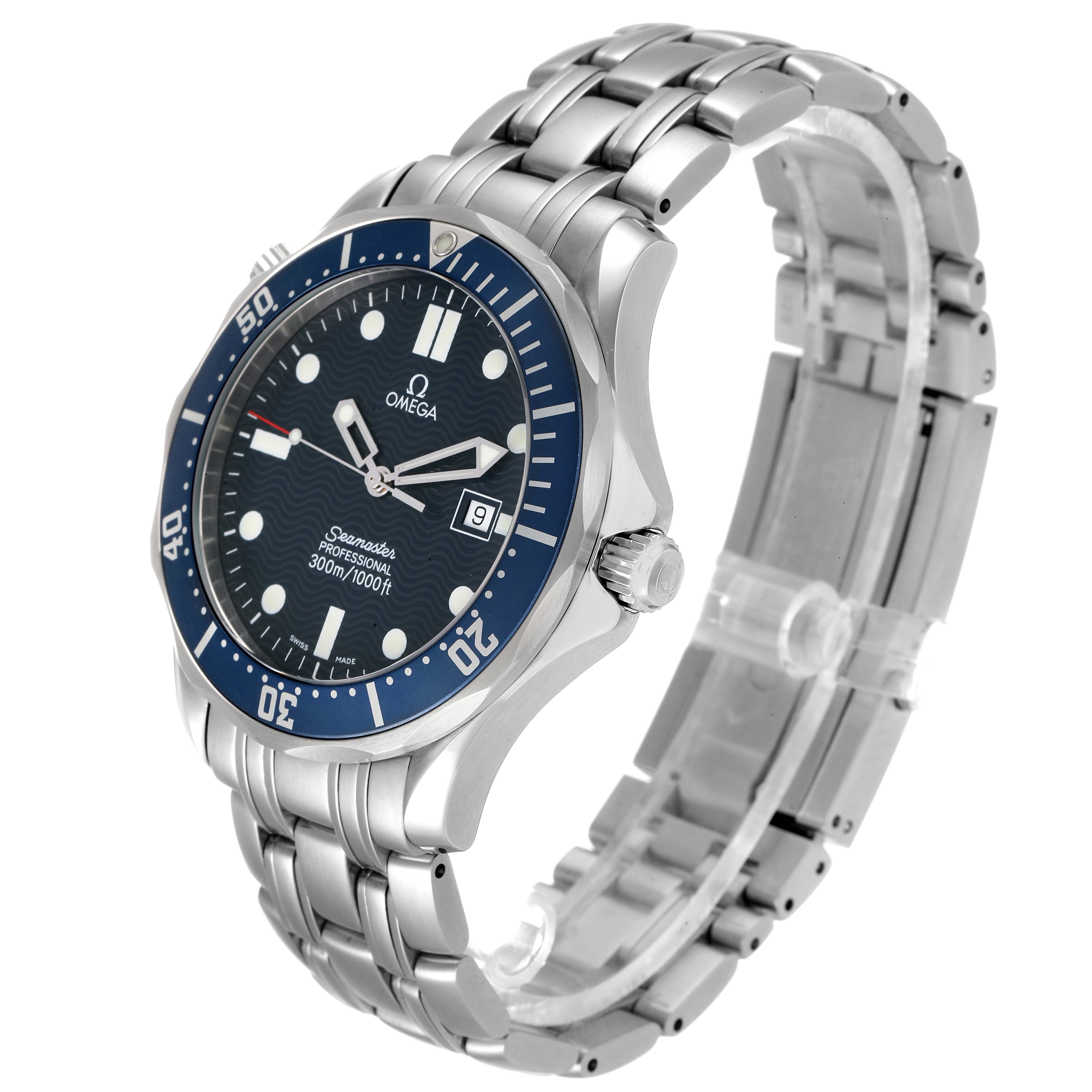 The Omega Seamaster 2541.80.00 Men's Stainless Steel Blue Dial 2541.80.00 Men's Stainless Steel Blue Dial watch is shown at a three-quarter angle, highlighting the face, bezel, and stainless steel bracelet.