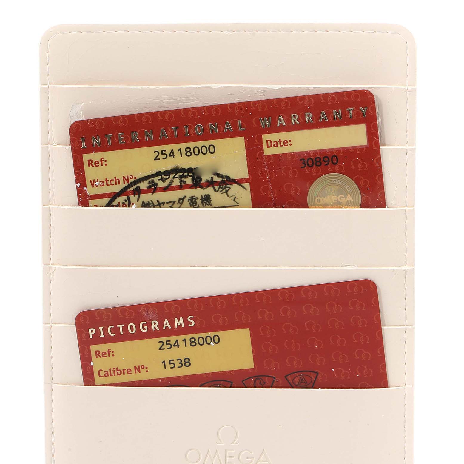 The image shows two Omega Seamaster 2541.80.00 Men's Stainless Steel Blue Dial 2541.80.00 Men's Stainless Steel Blue Dial warranty and pictogram cards in a white holder, captured from a straight-on angle.