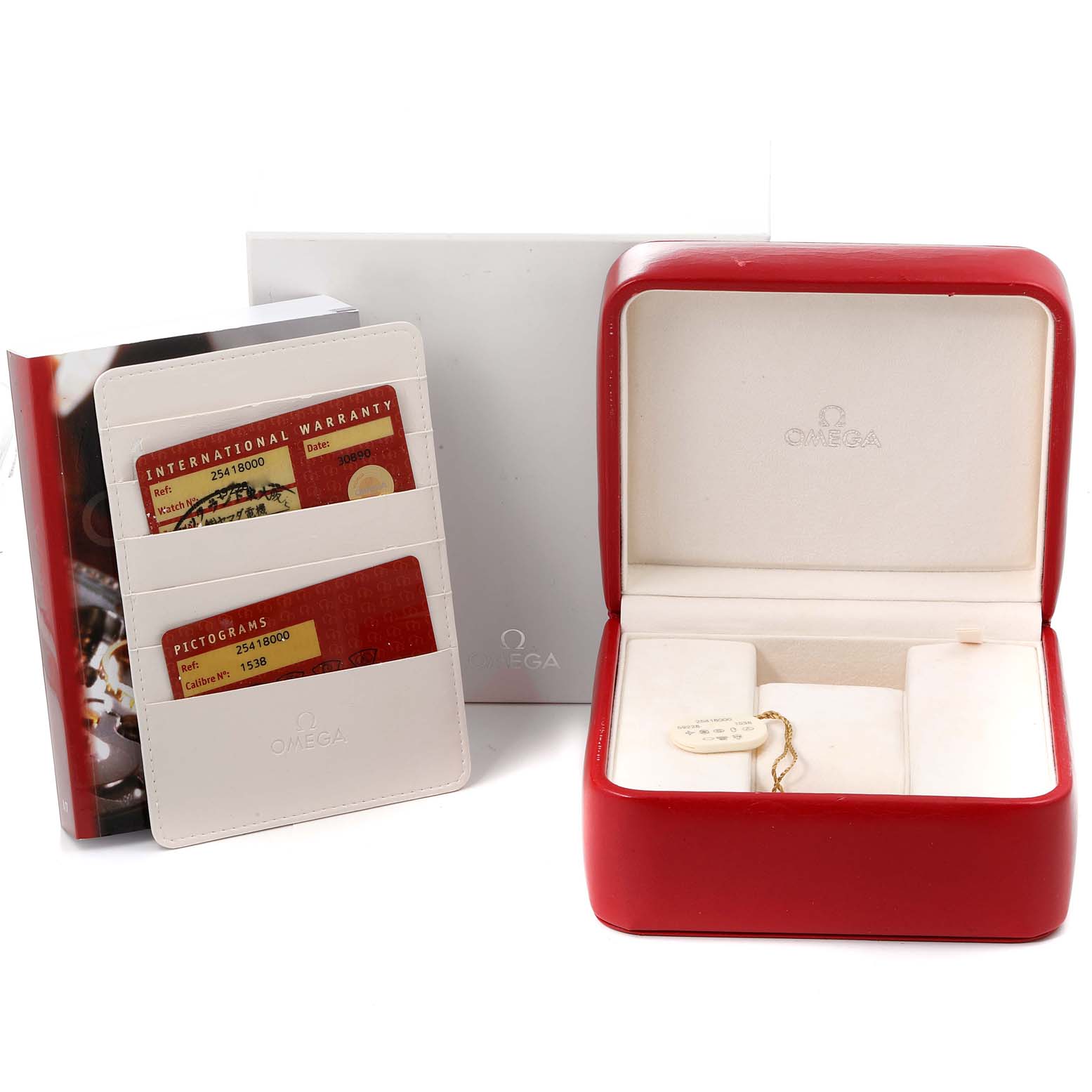 The image shows the opened box and warranty cards for the Omega Seamaster 2541.80.00 Men's Stainless Steel Blue Dial 2541.80.00 Men's Stainless Steel Blue Dial watch model.