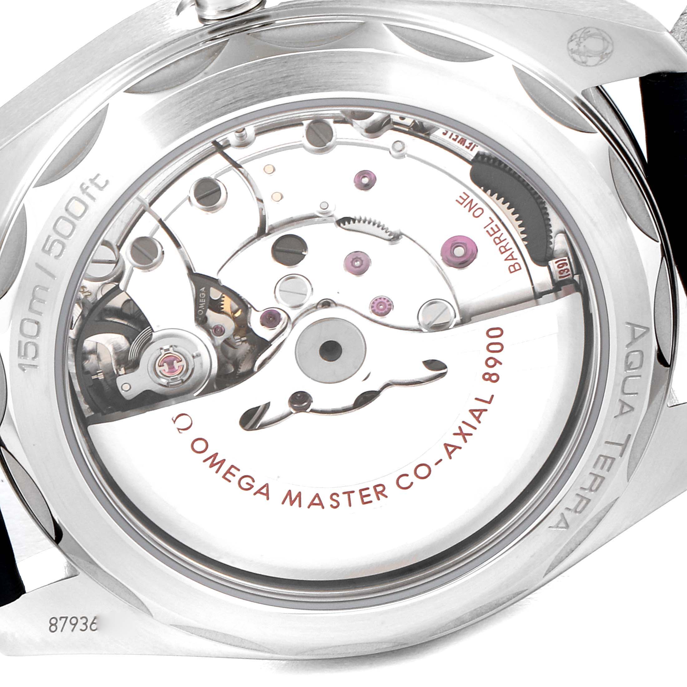 This image shows the back casing and internal mechanism of the Omega Aqua Terra 220.13.41.21.03.001 Men's Stainless Steel Blue Dial 220.13.41.21.03.001 Men's Stainless Steel Blue Dial watch, highlighting the Omega Master Co-Axial 8900 movement.