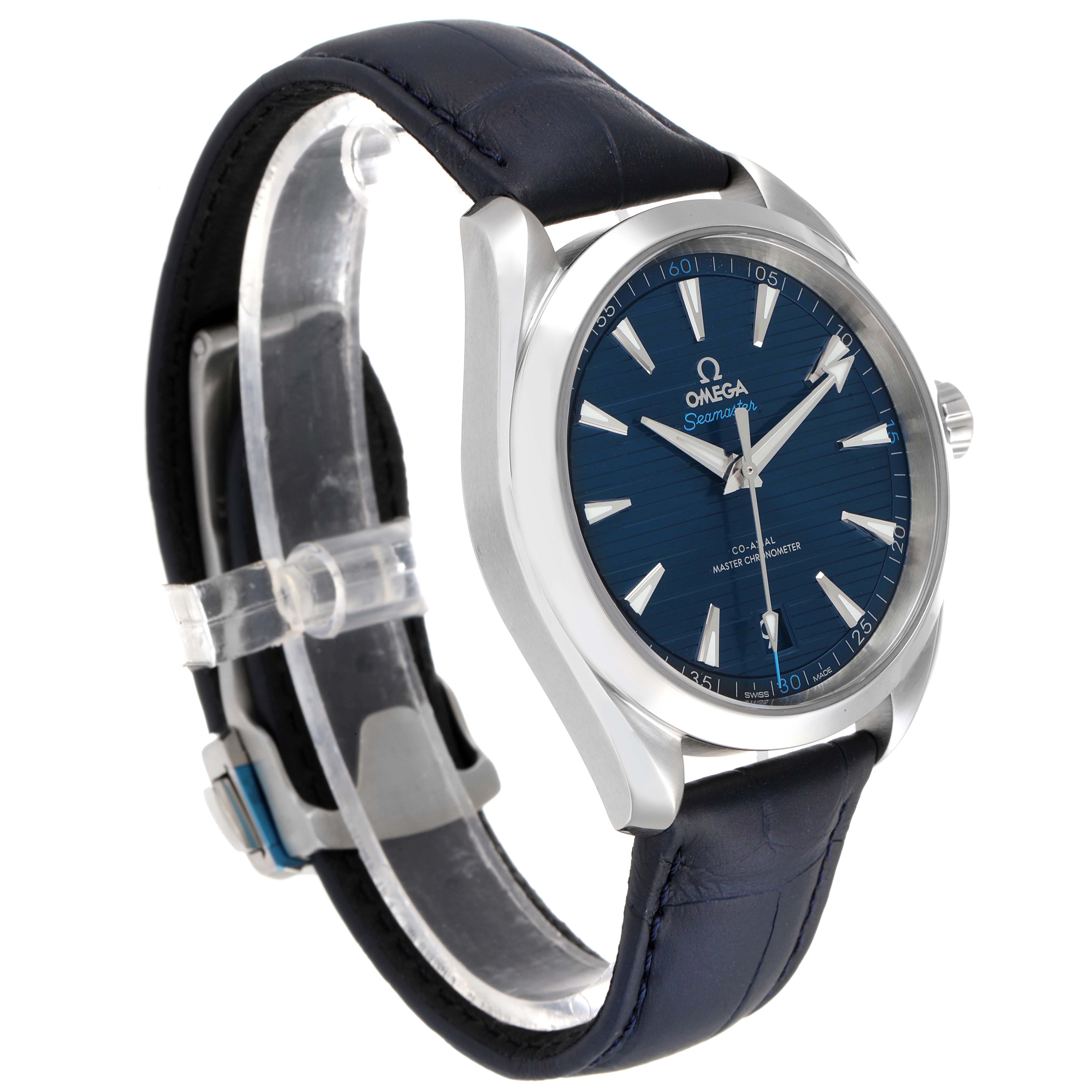 The image shows a side angle of the Omega Aqua Terra 220.13.41.21.03.001 Men's Stainless Steel Blue Dial 220.13.41.21.03.001 Men's Stainless Steel Blue Dial watch, displaying the face, bezel, crown, and part of the strap.