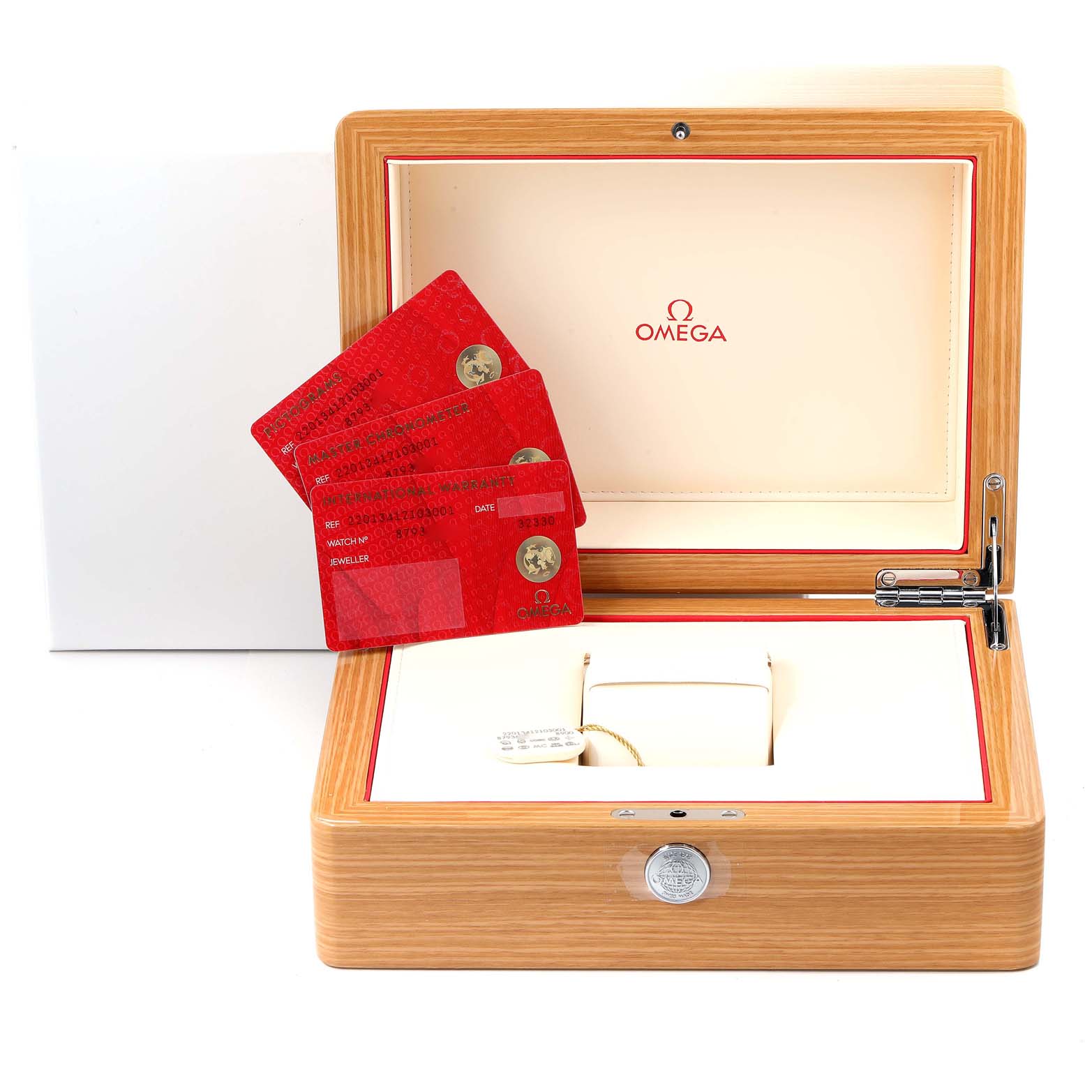 The image shows the accessories of the Omega Aqua Terra 220.13.41.21.03.001 Men's Stainless Steel Blue Dial 220.13.41.21.03.001 Men's Stainless Steel Blue Dial watch, including a watch box and red certification cards.