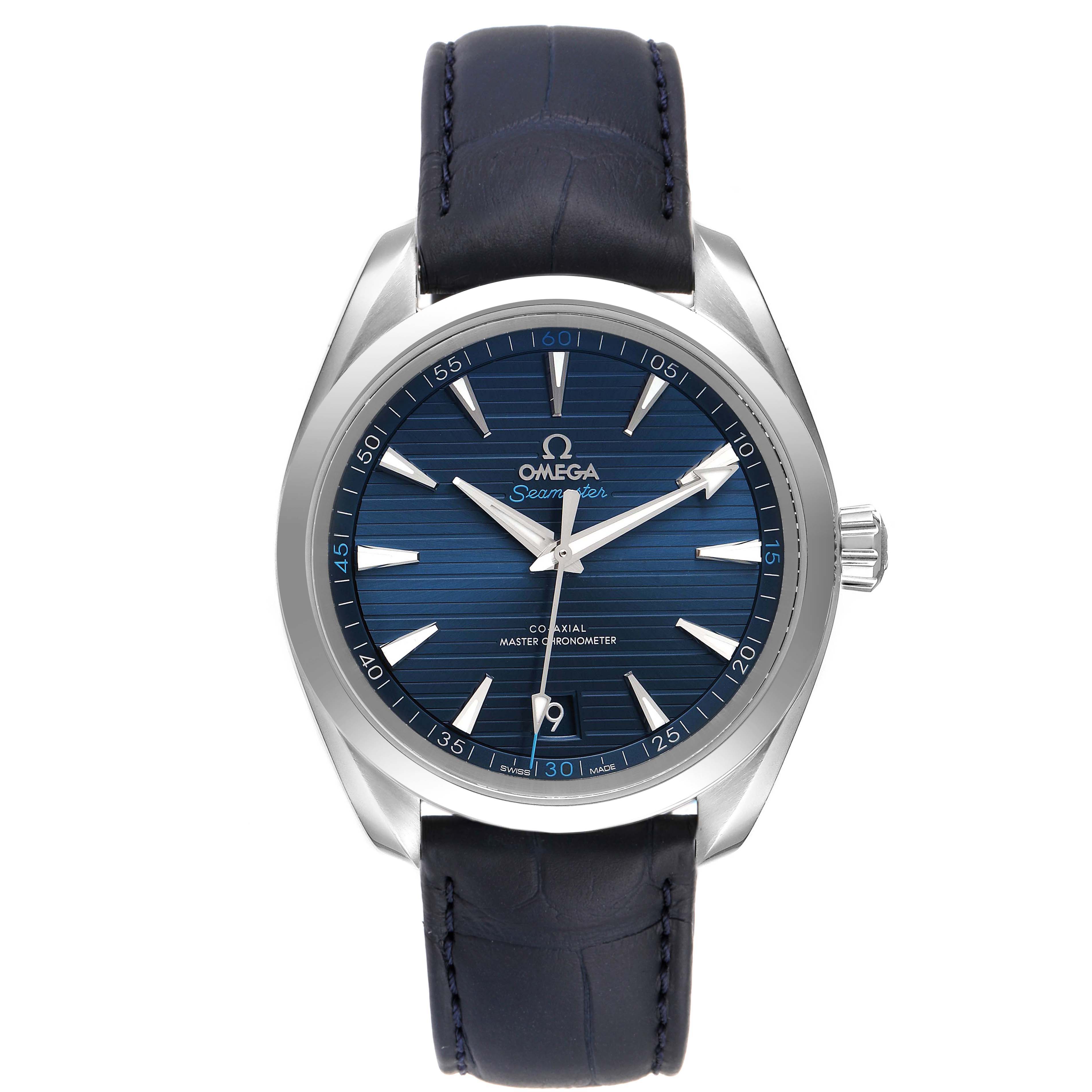 The image shows a front view of an Omega Aqua Terra 220.13.41.21.03.001 Men's Stainless Steel Blue Dial 220.13.41.21.03.001 Men's Stainless Steel Blue Dial watch with a blue dial and leather strap.
