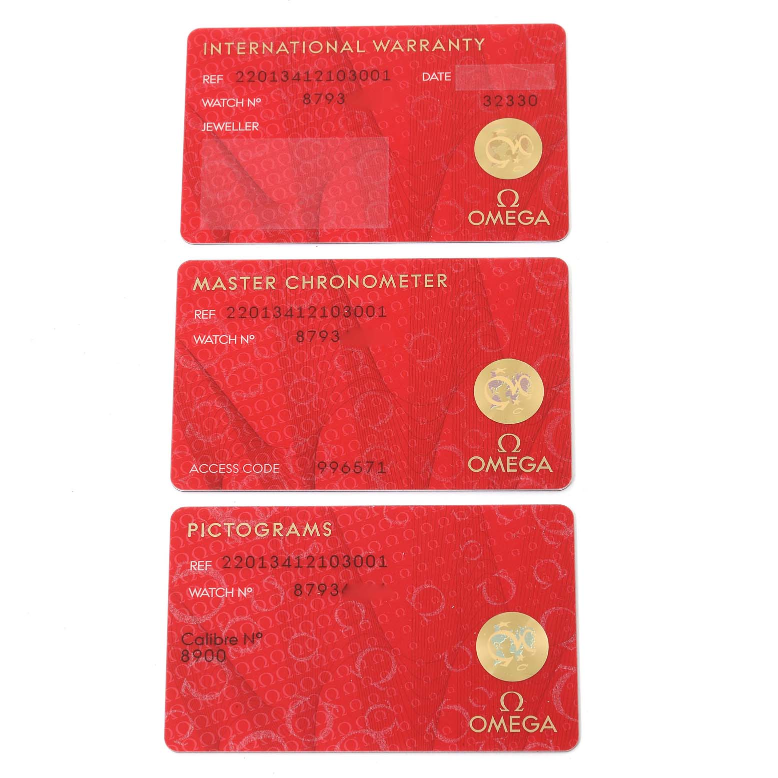 The image shows three warranty and certification cards for the Omega Aqua Terra 220.13.41.21.03.001 Men's Stainless Steel Blue Dial 220.13.41.21.03.001 Men's Stainless Steel Blue Dial model.