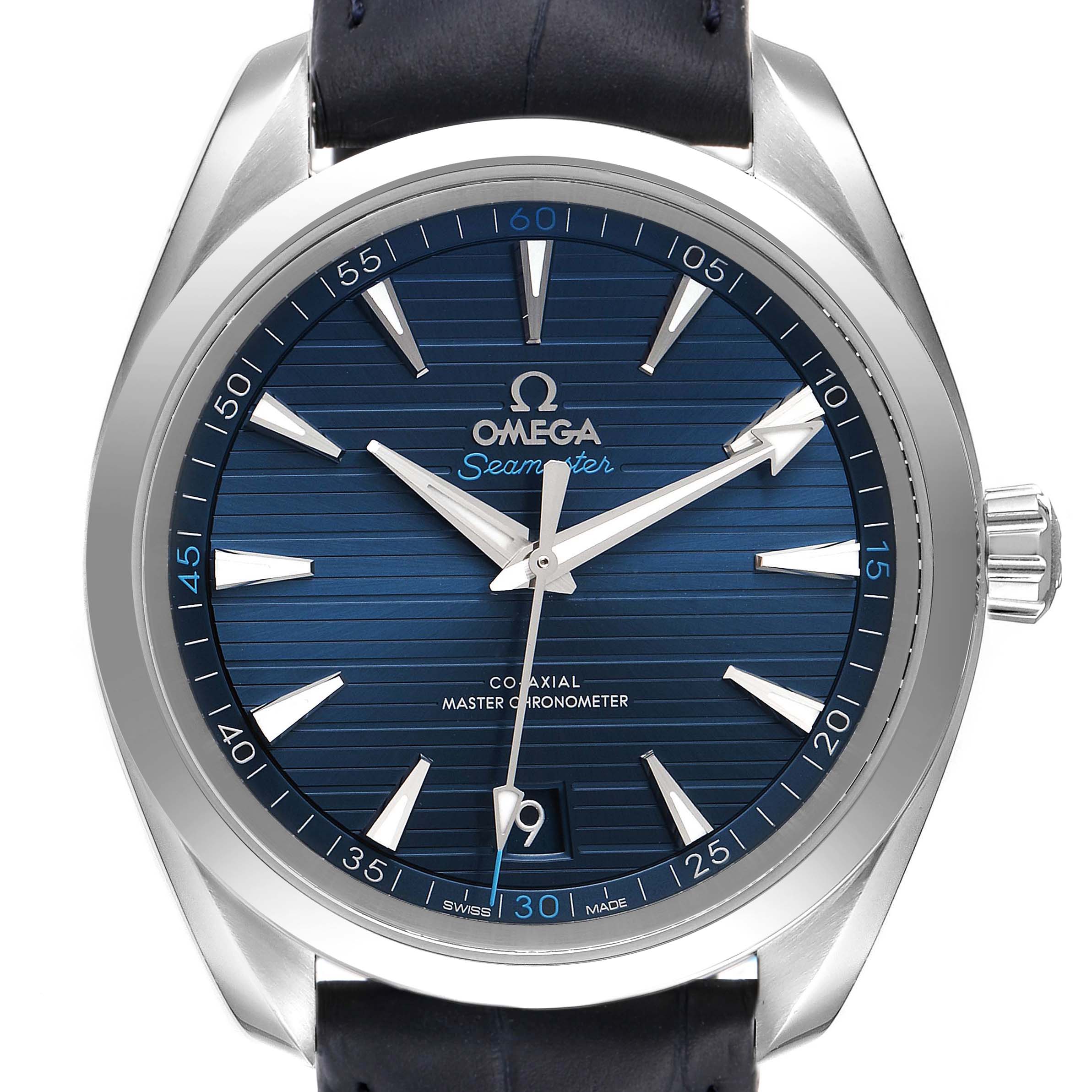 The image shows a front view of the Omega Aqua Terra 220.13.41.21.03.001 Men's Stainless Steel Blue Dial 220.13.41.21.03.001 Men's Stainless Steel Blue Dial watch, featuring its dial, hands, bezel, and part of its strap.