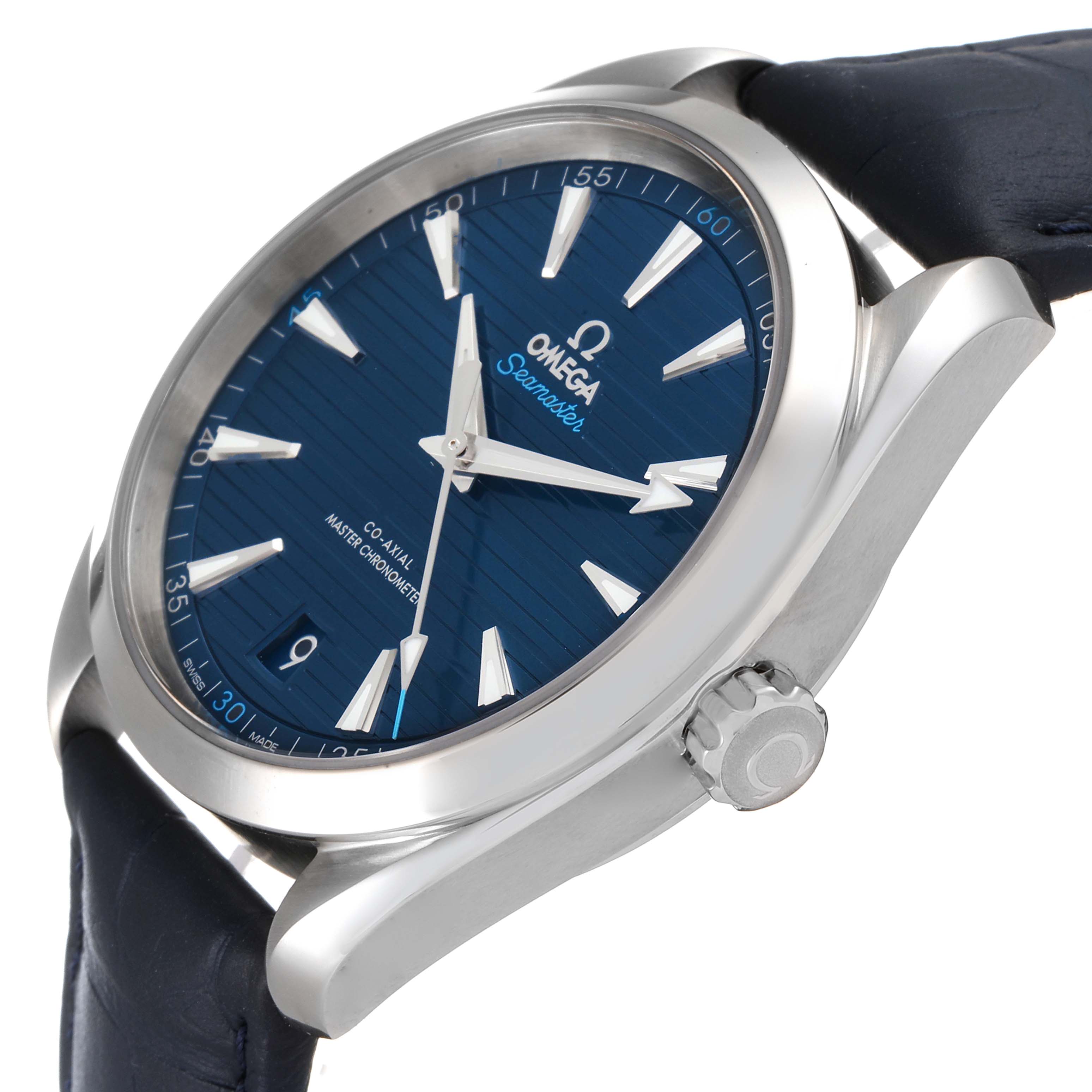 This image shows a side angle of the Omega Aqua Terra 220.13.41.21.03.001 Men's Stainless Steel Blue Dial 220.13.41.21.03.001 Men's Stainless Steel Blue Dial watch, highlighting the dial, case, crown, and strap.