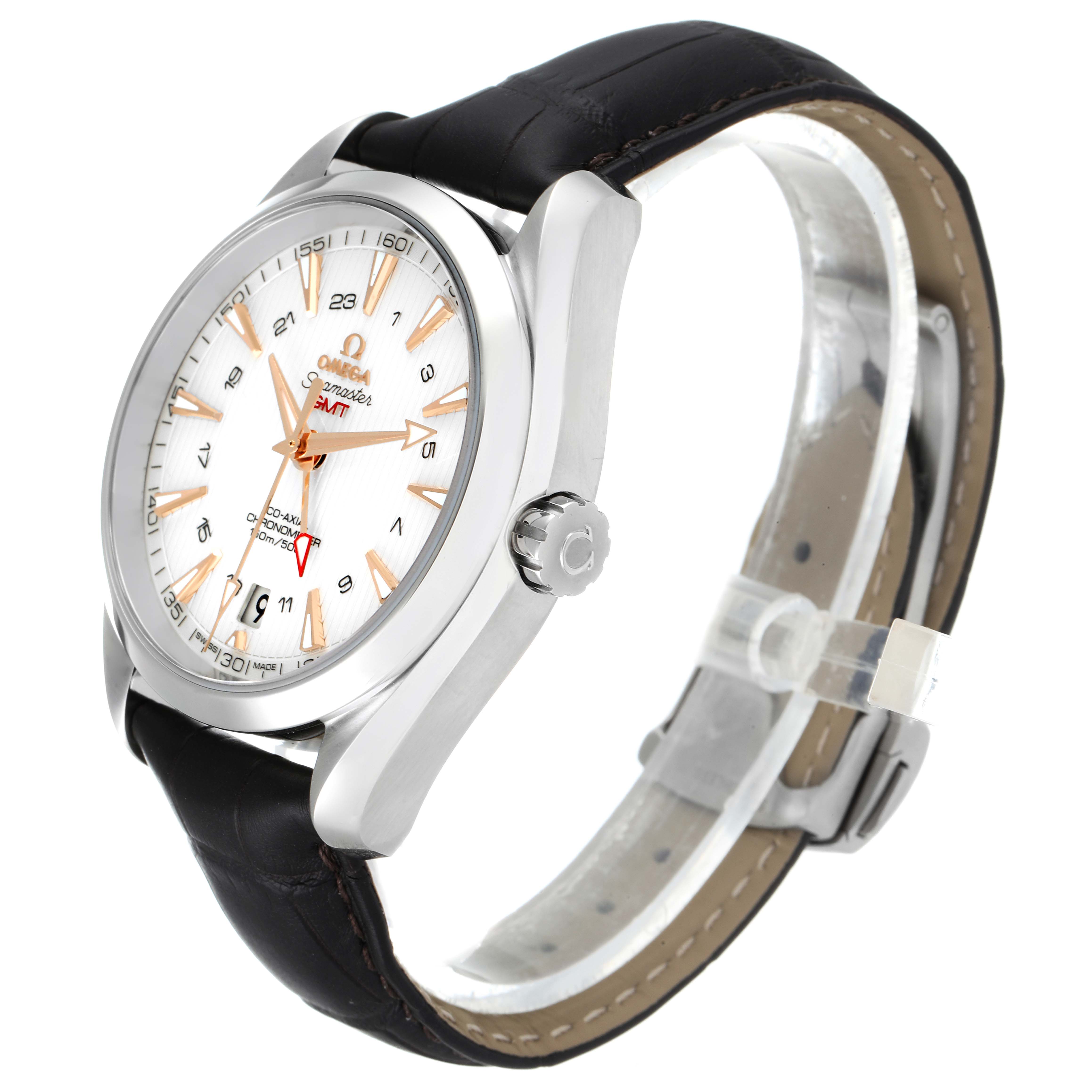 The image shows a side angle of the Omega Aqua Terra 231.13.43.22.02.004 Men's Stainless Steel Silver Dial 231.13.43.22.02.004 Men's Stainless Steel Silver Dial watch, displaying the dial, crown, and leather strap.