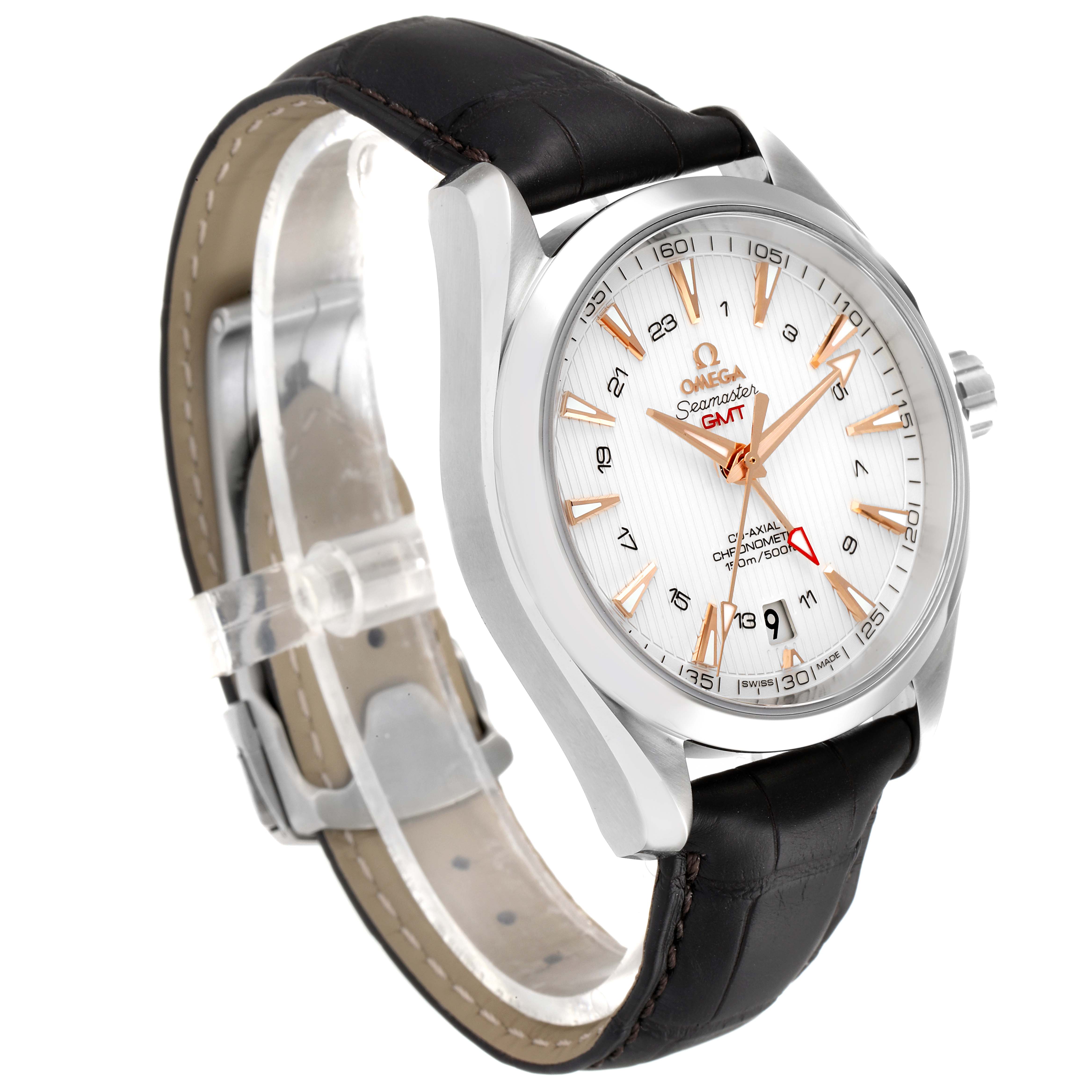 The Omega Aqua Terra 231.13.43.22.02.004 Men's Stainless Steel Silver Dial 231.13.43.22.02.004 Men's Stainless Steel Silver Dial model is shown at an angle, highlighting the dial, bezel, and leather strap.