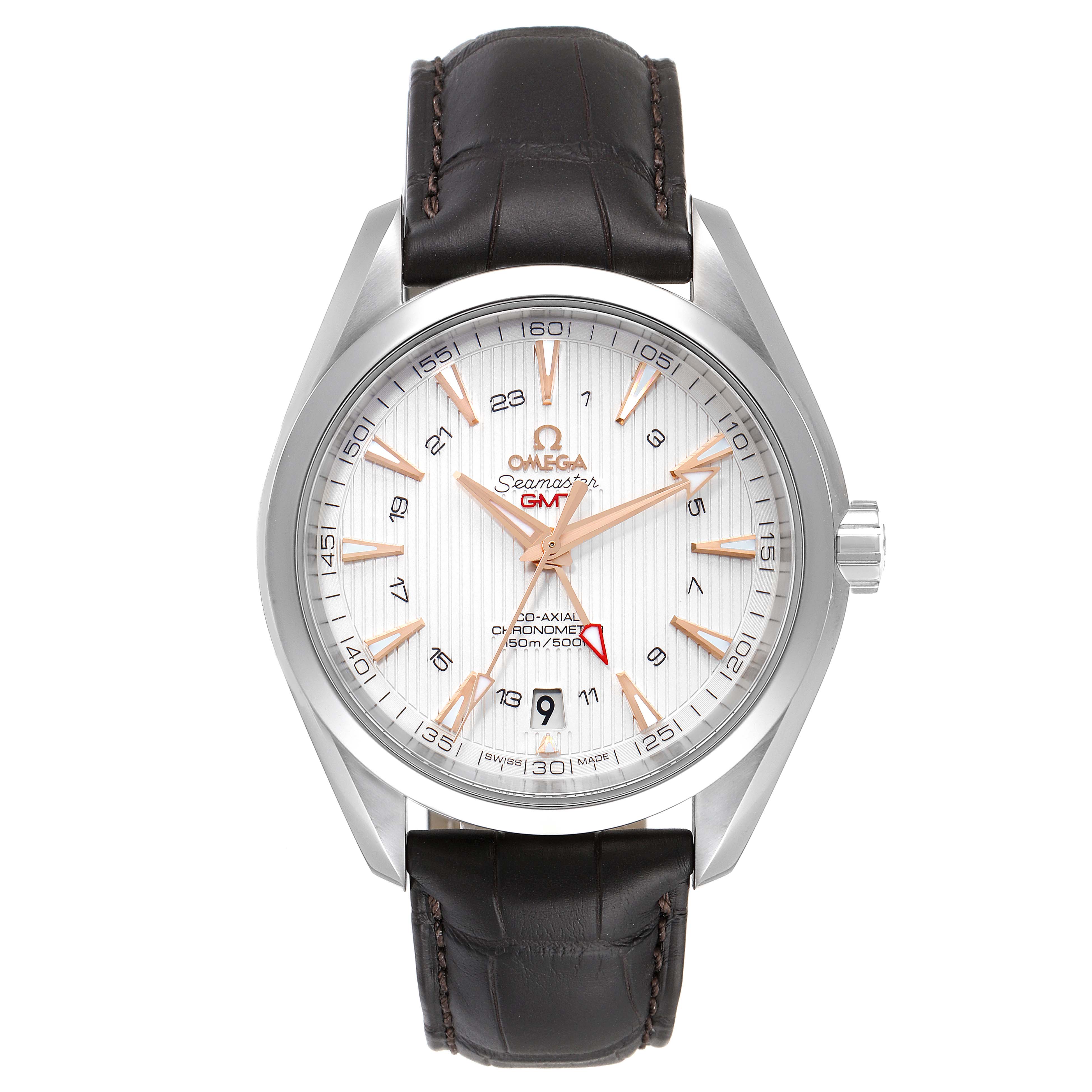 This image shows a front view of an Omega Aqua Terra 231.13.43.22.02.004 Men's Stainless Steel Silver Dial 231.13.43.22.02.004 Men's Stainless Steel Silver Dial watch with a black leather strap and silver bezel.