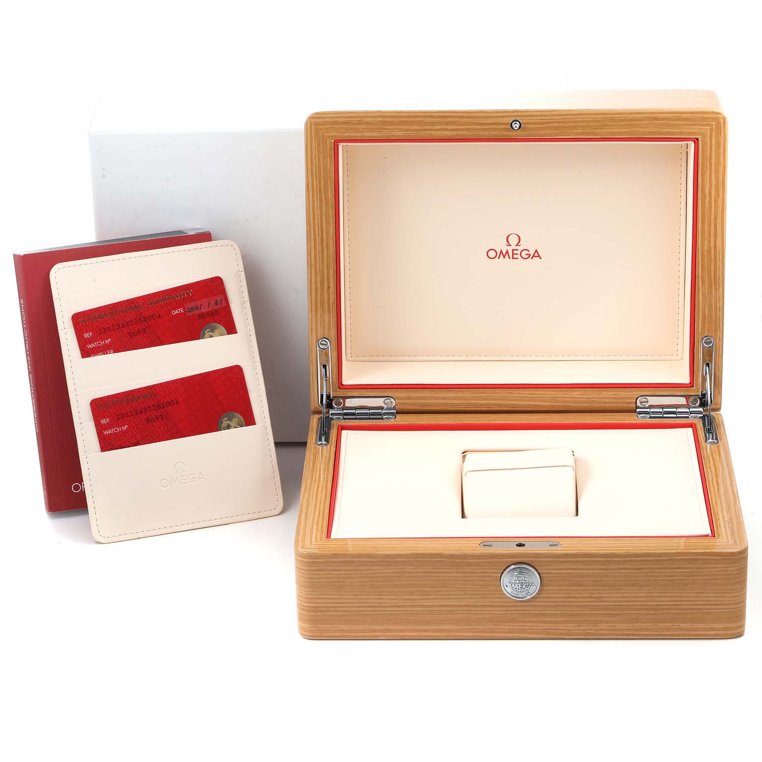 The image shows an Omega Aqua Terra 231.13.43.22.02.004 Men's Stainless Steel Silver Dial 231.13.43.22.02.004 Men's Stainless Steel Silver Dial watch box and warranty cards from a straight-on angle.