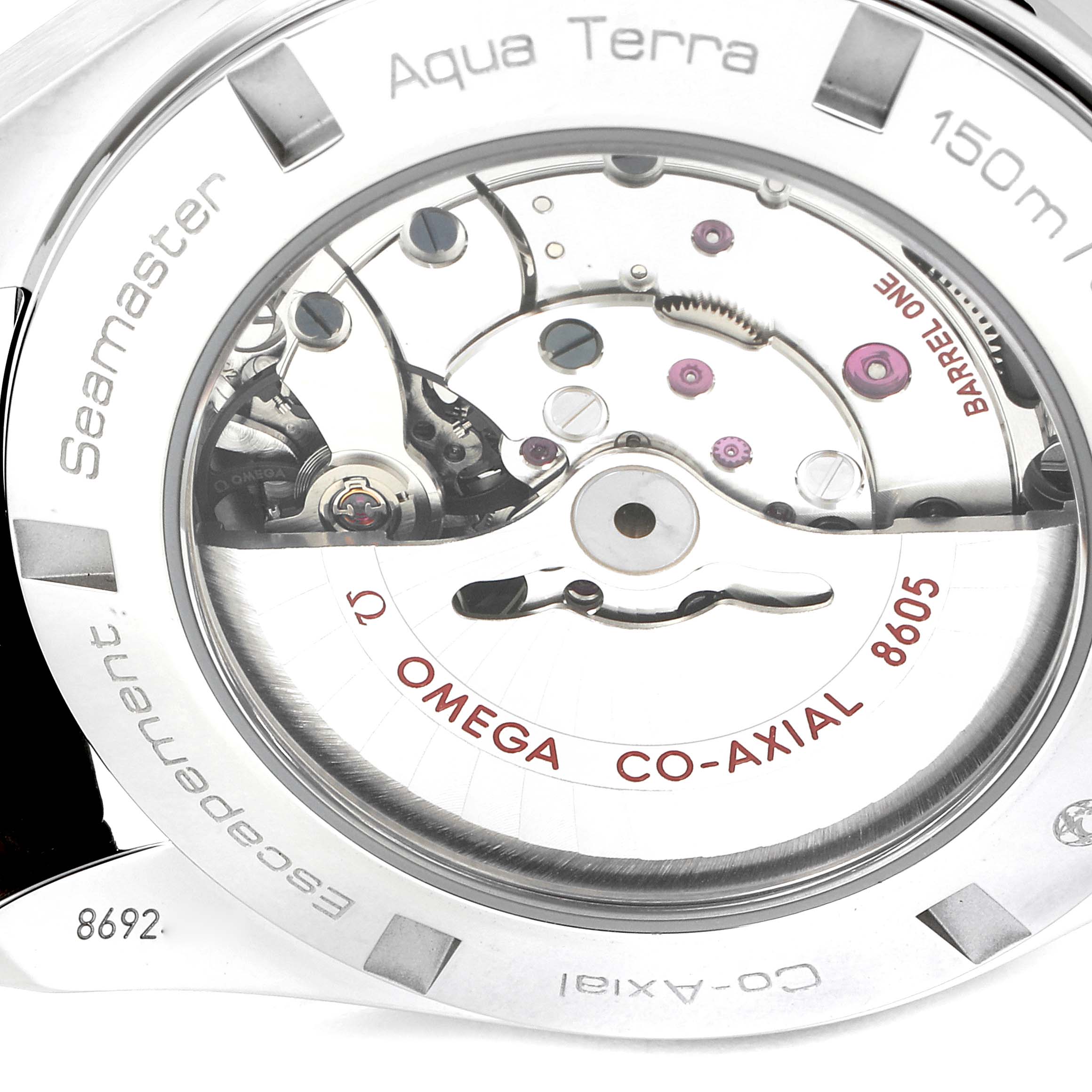 The image shows the back of an Omega Aqua Terra 231.13.43.22.02.004 Men's Stainless Steel Silver Dial 231.13.43.22.02.004 Men's Stainless Steel Silver Dial watch, revealing its internal mechanism and branding details.