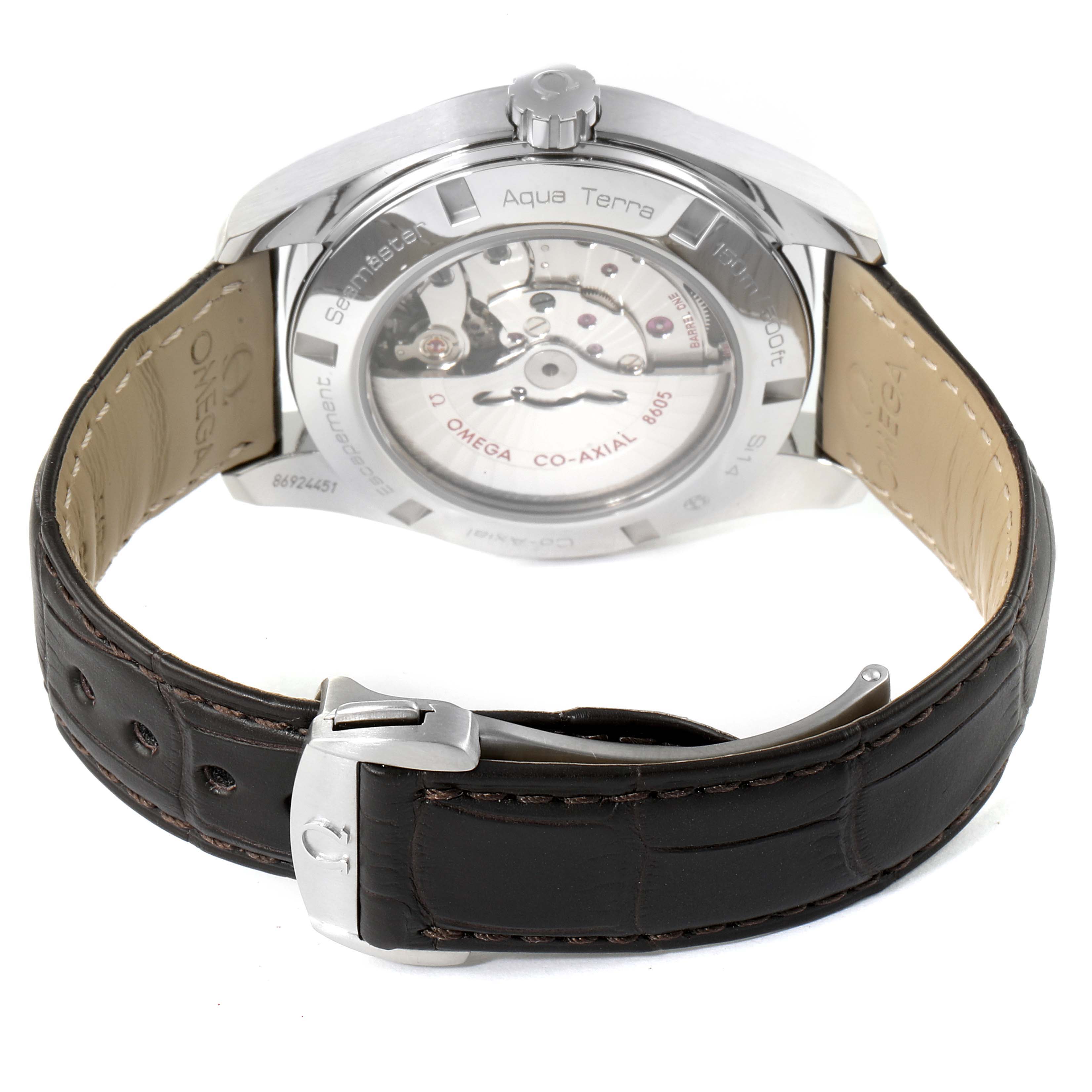 The image shows the back case and strap of the Omega Aqua Terra 231.13.43.22.02.004 Men's Stainless Steel Silver Dial 231.13.43.22.02.004 Men's Stainless Steel Silver Dial watch at an angle.