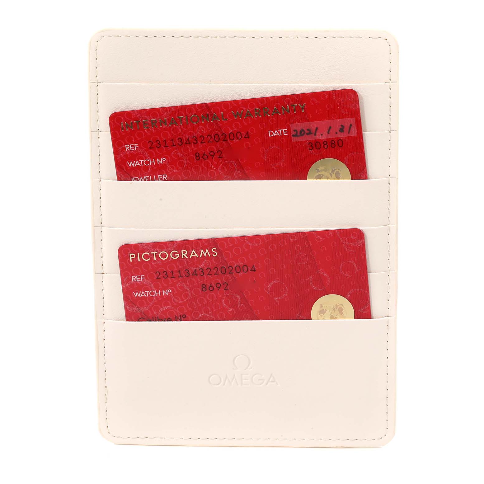 The image shows an Omega Aqua Terra 231.13.43.22.02.004 Men's Stainless Steel Silver Dial 231.13.43.22.02.004 Men's Stainless Steel Silver Dial watch warranty and pictogram cards in a white Omega cardholder.