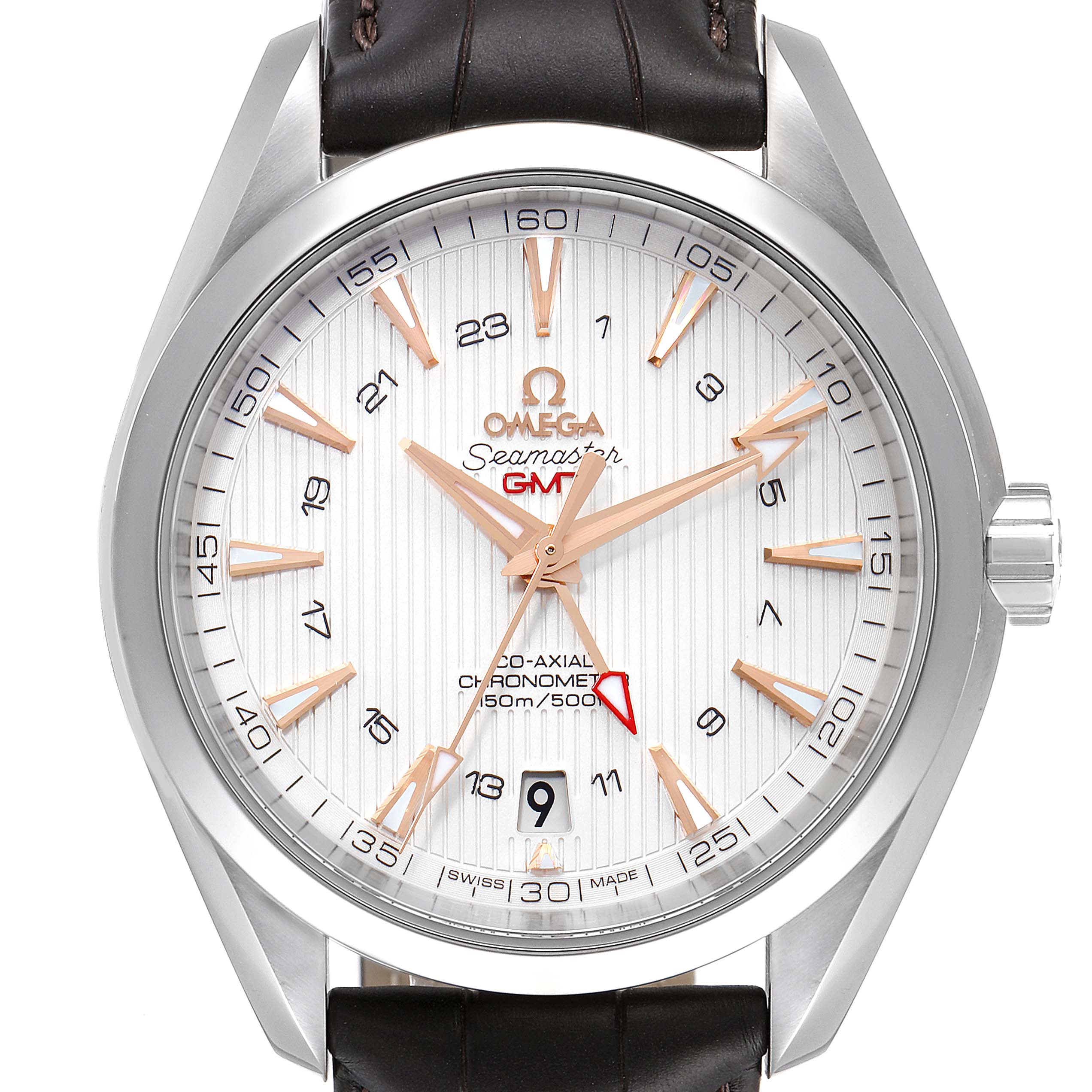 The image shows the front view of an Omega Aqua Terra 231.13.43.22.02.004 Men's Stainless Steel Silver Dial 231.13.43.22.02.004 Men's Stainless Steel Silver Dial watch, highlighting the dial, hands, and part of the strap.