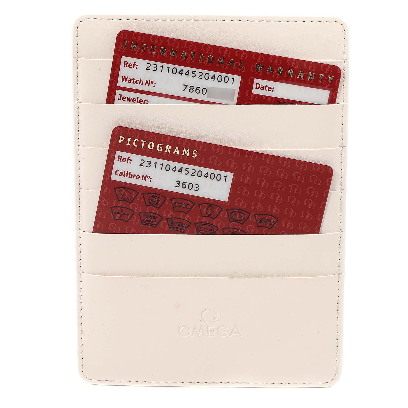 The image shows the warranty and pictograms cards for the Omega Aqua Terra 231.10.44.52.04.001 Men's Stainless Steel White Dial 231.10.44.52.04.001 Men's Stainless Steel White Dial model stored in a white cardholder.