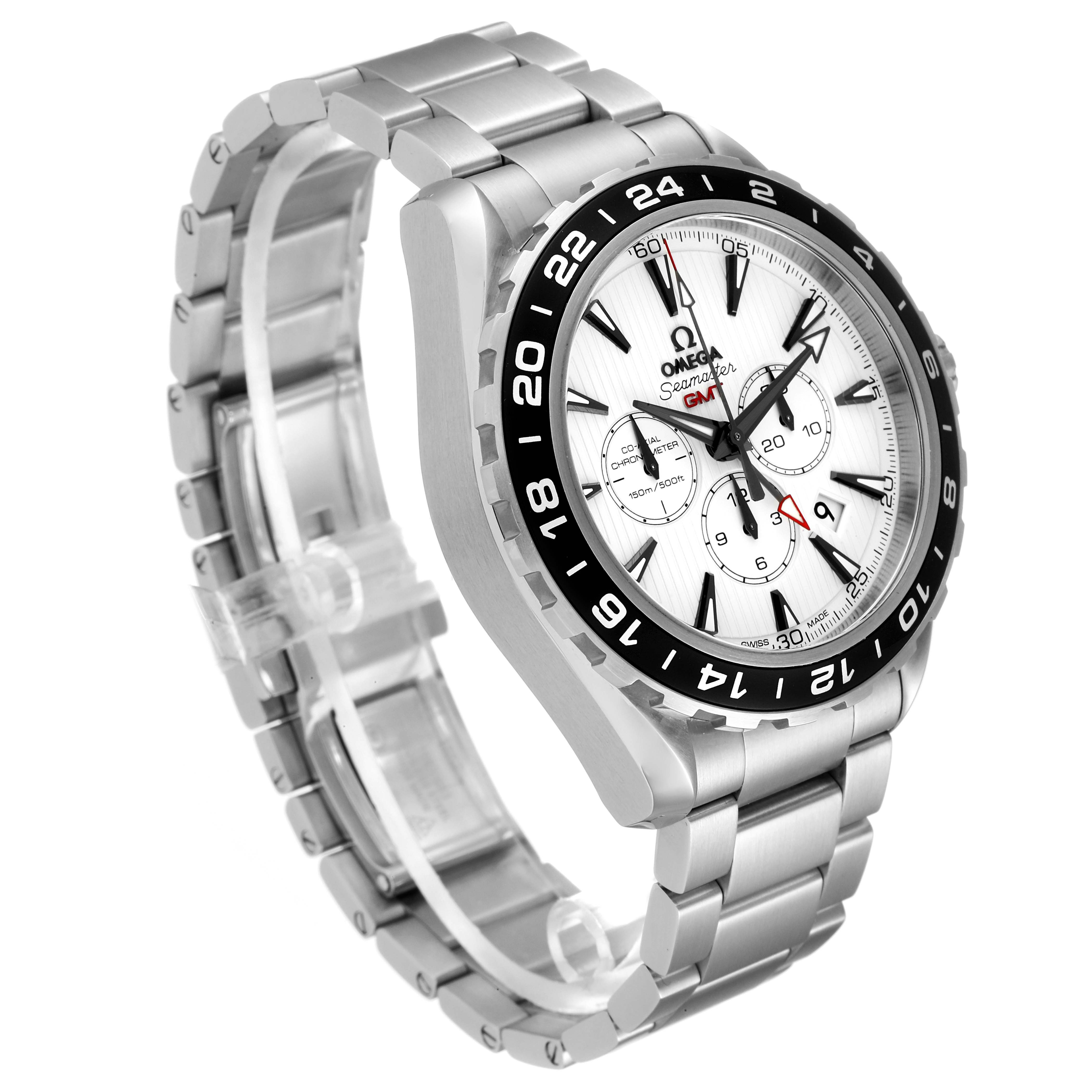 This image shows an angled view of the Omega Aqua Terra 231.10.44.52.04.001 Men's Stainless Steel White Dial 231.10.44.52.04.001 Men's Stainless Steel White Dial watch, highlighting its face, bezel, and metal strap.