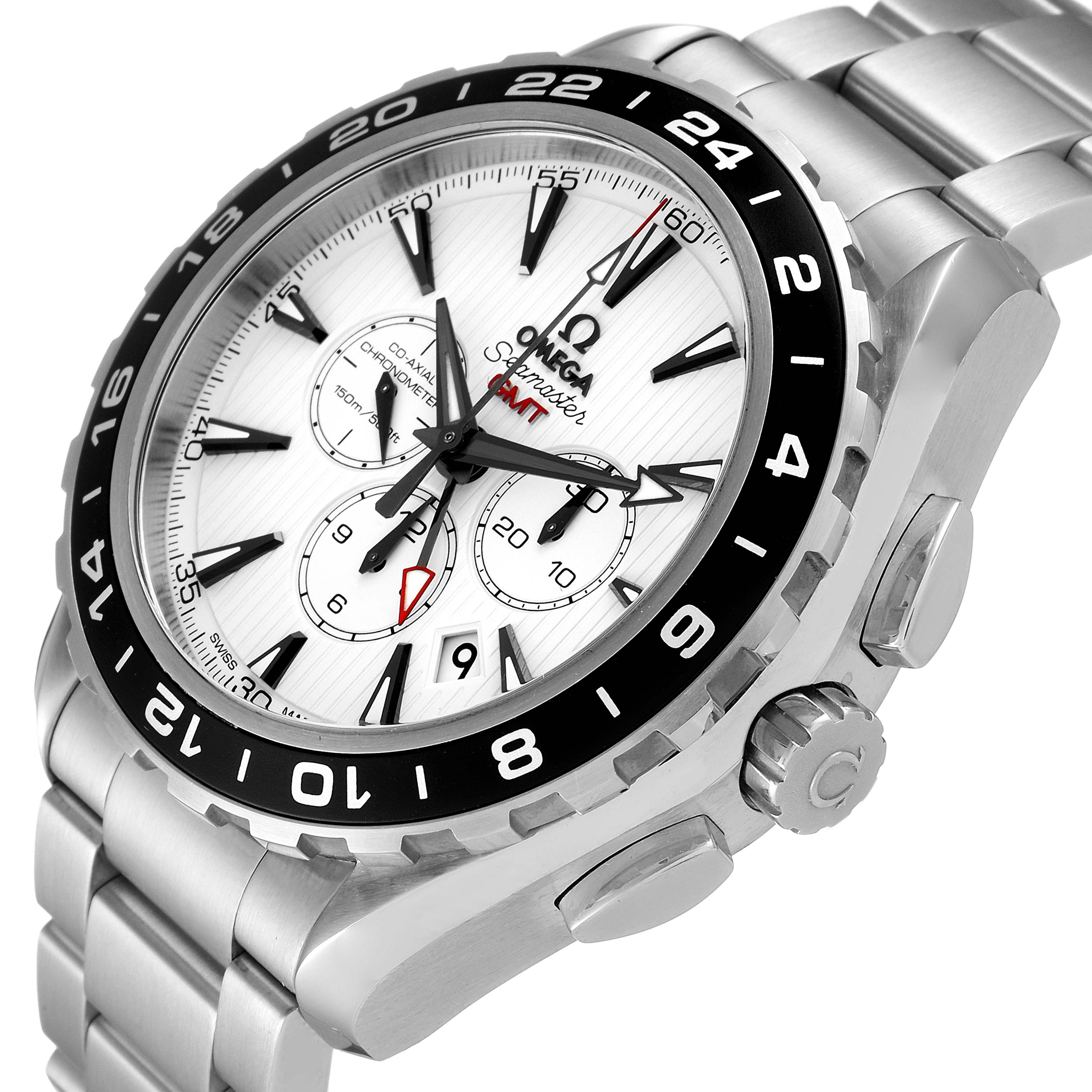 The image shows a close-up, angled view of the Omega Aqua Terra 231.10.44.52.04.001 Men's Stainless Steel White Dial 231.10.44.52.04.001 Men's Stainless Steel White Dial watch, highlighting the bezel, crown, dial, and bracelet.