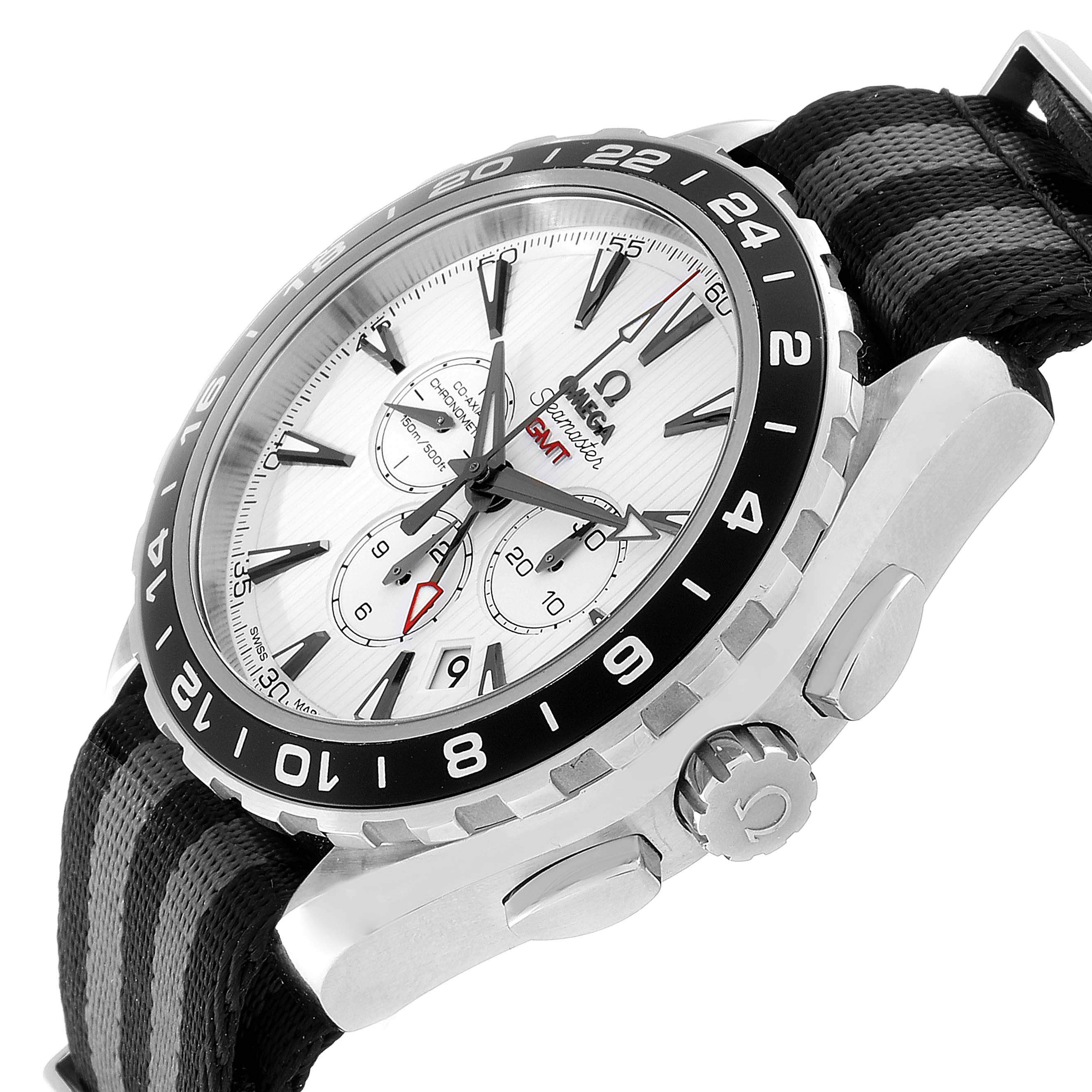 The Omega Aqua Terra 231.13.44.52.04.001 Men
s Stainless Steel White Dial 231.13.44.52.04.001 Men
s Stainless Steel White Dial watch is shown at an angled side view, highlighting the face, bezel, and crown.