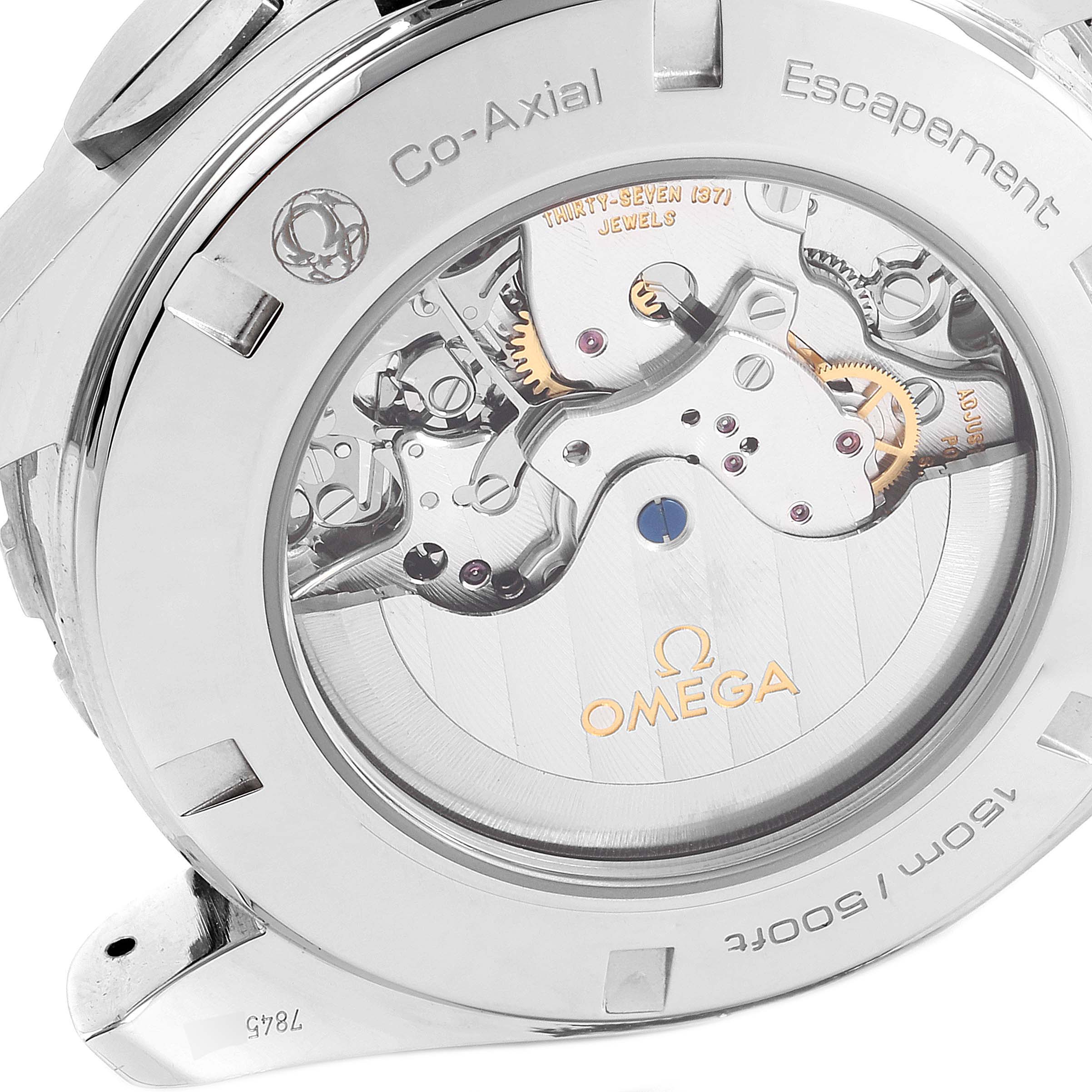 This image shows the Omega Aqua Terra 231.13.44.52.04.001 Men
s Stainless Steel White Dial 231.13.44.52.04.001 Men
s Stainless Steel White Dial watch
s back, detailing the Co-Axial escapement and internal mechanisms.