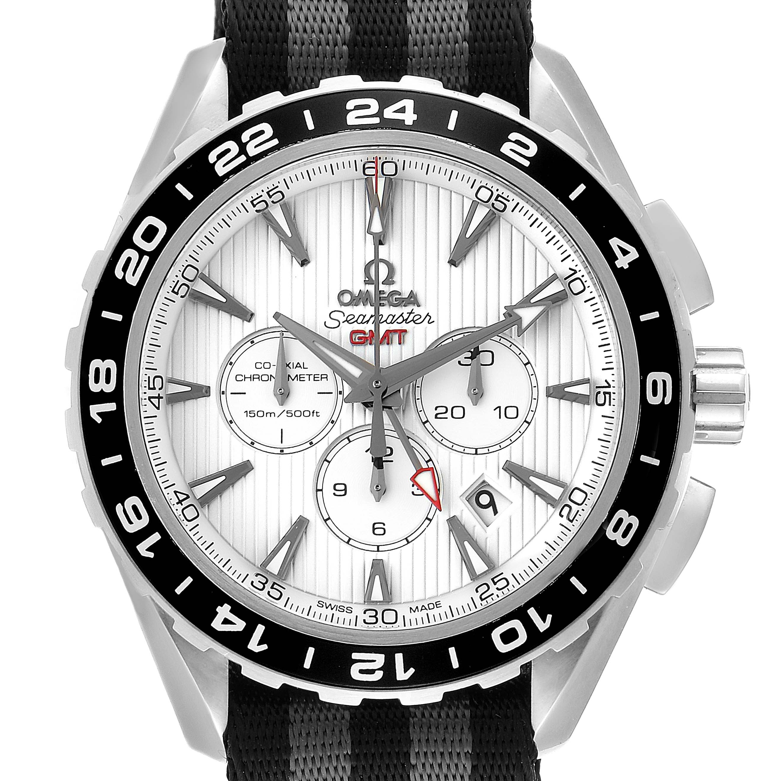 The Omega Aqua Terra 231.13.44.52.04.001 Men
s Stainless Steel White Dial 231.13.44.52.04.001 Men
s Stainless Steel White Dial Seamaster GMT watch
s face and bezel are shown head-on, highlighting its dial and chronometer sub-dials.